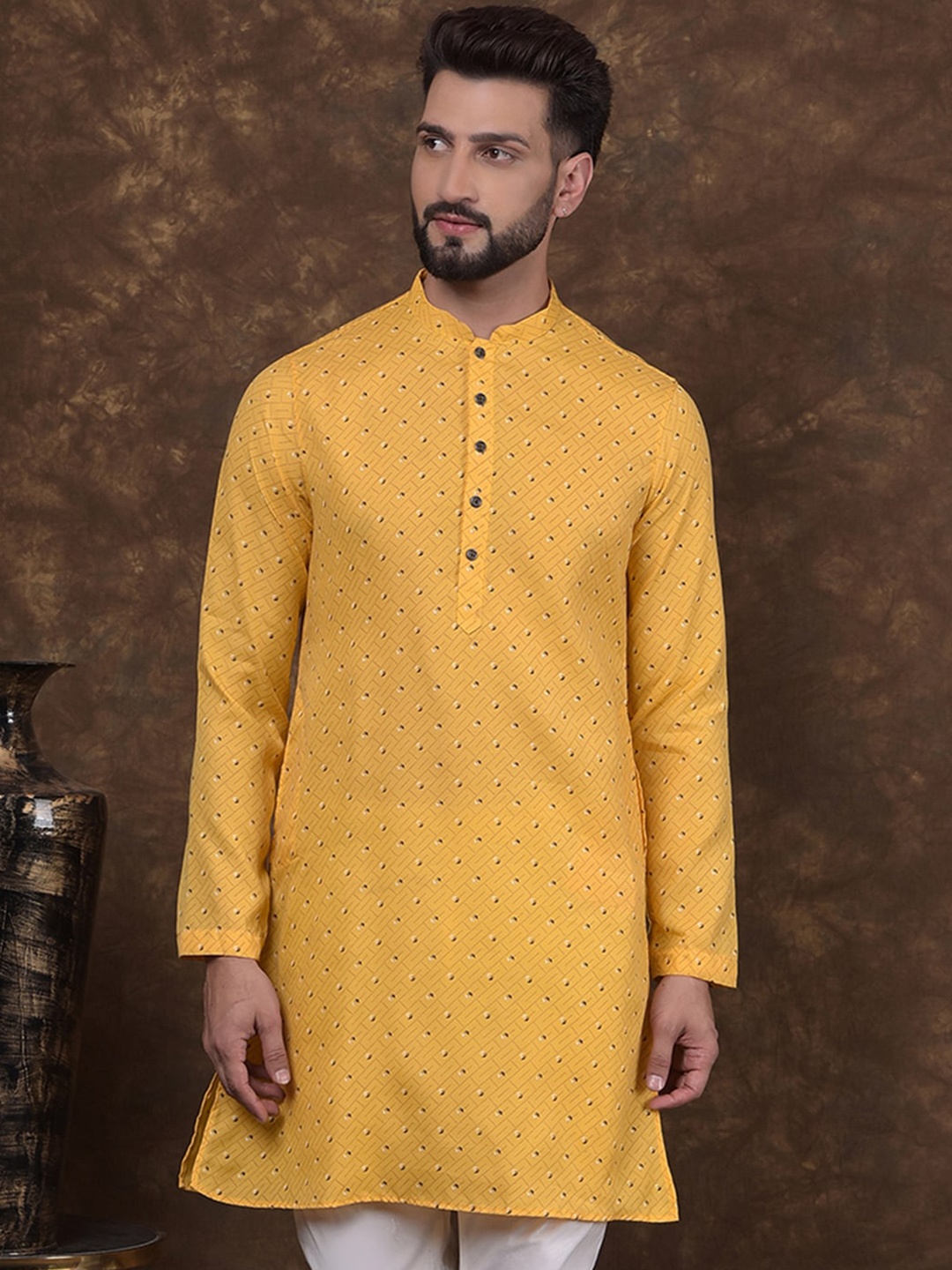 

DEYANN Floral Woven Design Mandarin Collar Straight Kurta, Yellow