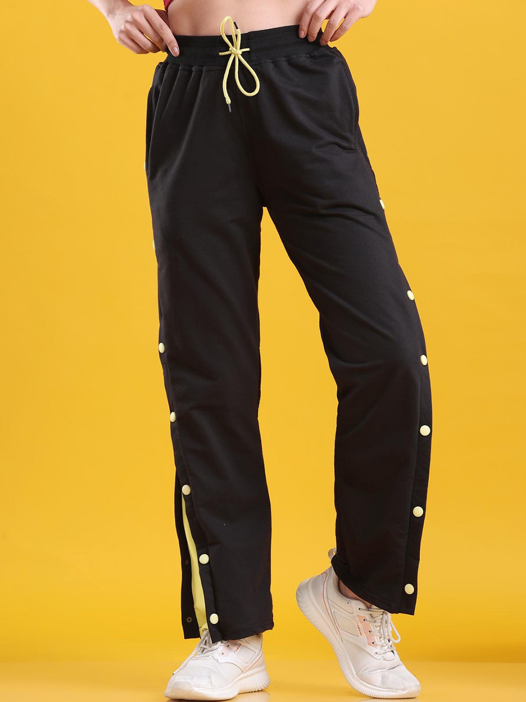 The Dance Bible Women Terry Side Snap Button Detail Relaxed-Fit Flared Track Pant, Black