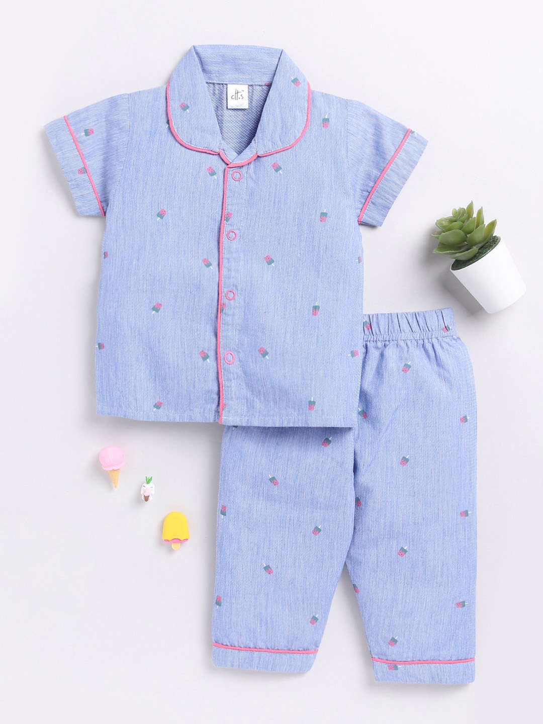 

Clt.s Kids Conversational Printed Lapel Collar Pure Cotton Night suit, Blue