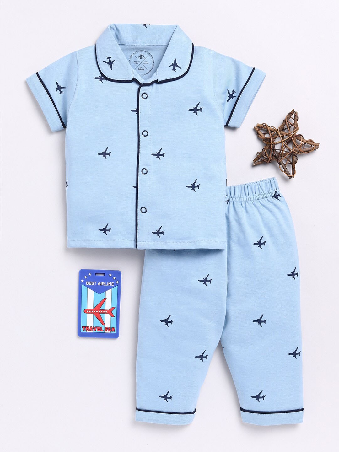 

Clt.s Kids Conversational Printed Lapel Collar Pure Cotton Night suit, Blue