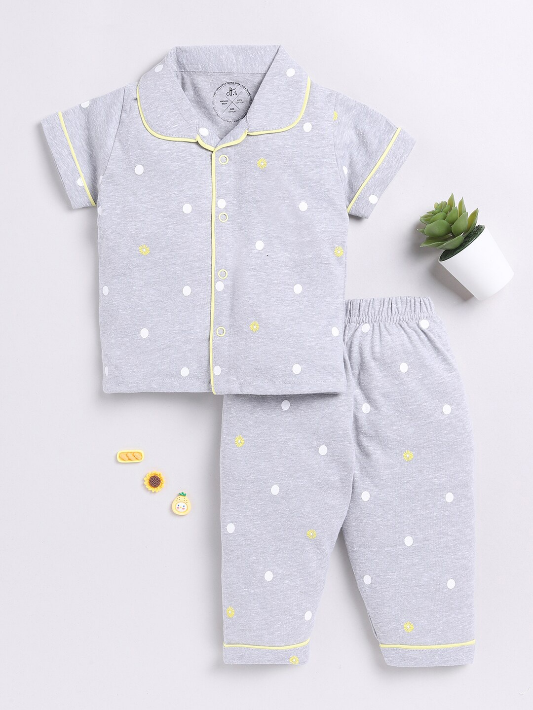 

Clt.s Kids Polka Dot Printed Lapel Collar Pure Cotton Night suit, Grey