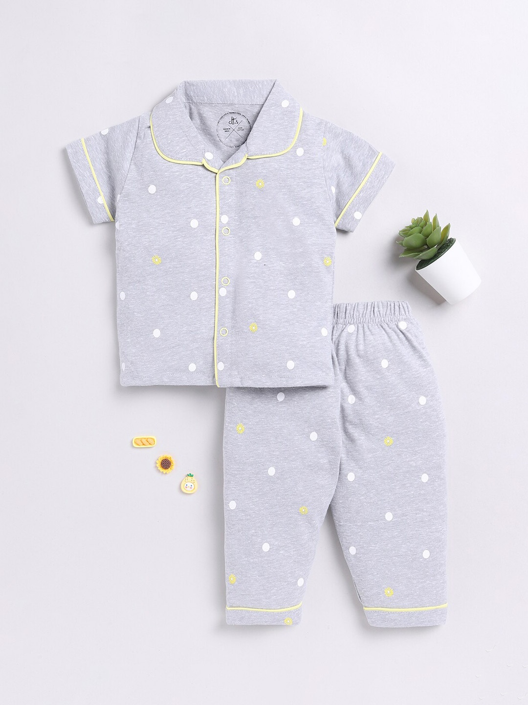 

Clt.s Kids Polka Dots Printed Lapel Collar Pure Cotton Night suit, Grey