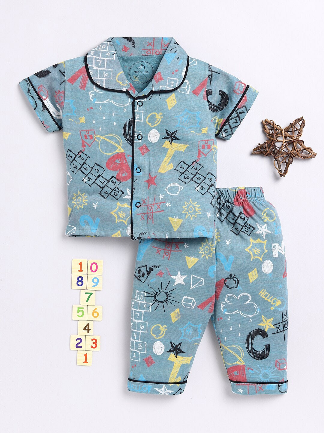 

Clt.s Kids Conversational Printed Lapel Collar Pure Cotton Night suit, Teal