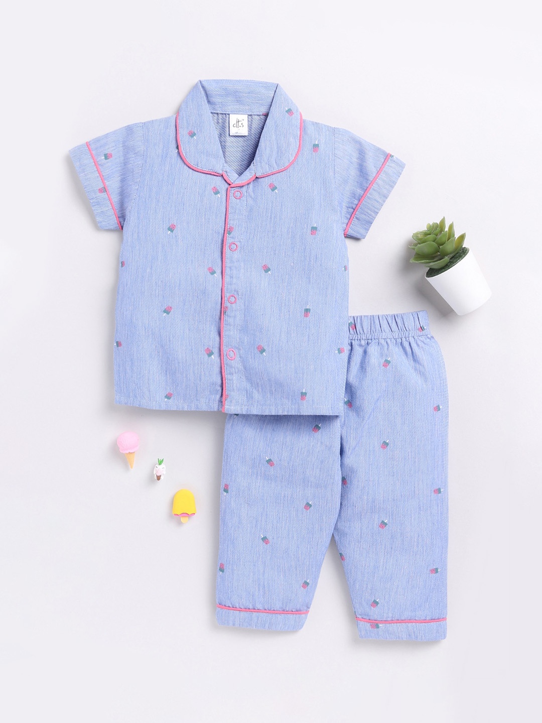 

Clt.s Kids Conversational Printed Lapel Collar Pure Cotton Night suit, Blue