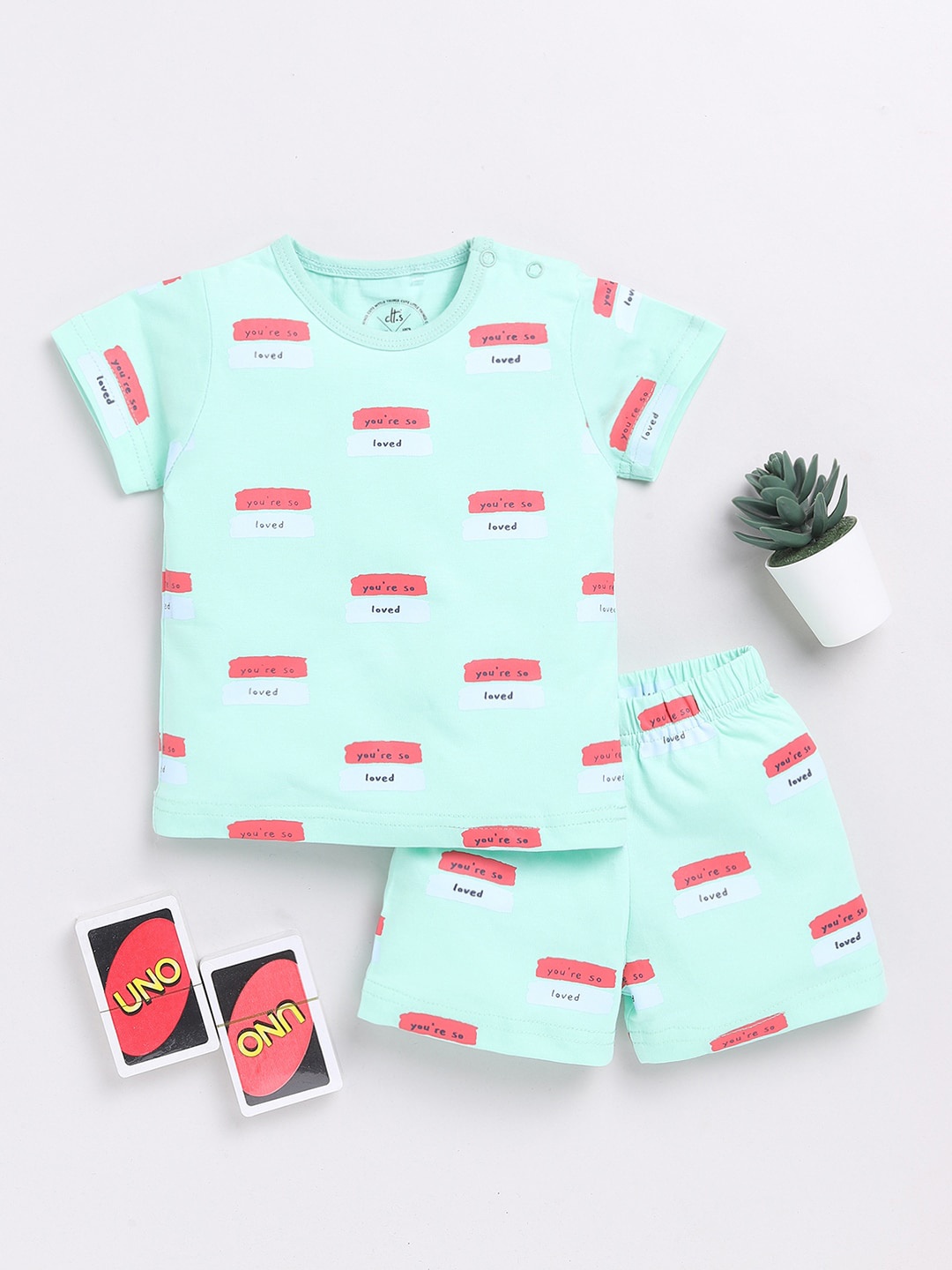 

Clt.s Kids Typography Printed Short Sleeves Pure Cotton Night Suit, Green