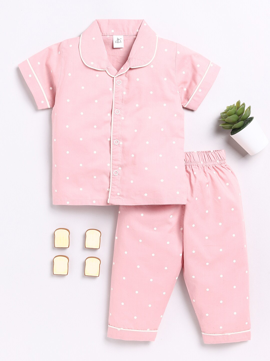 

Clt.s Infants Polka Dots Printed Pure Cotton Night Suit, Pink