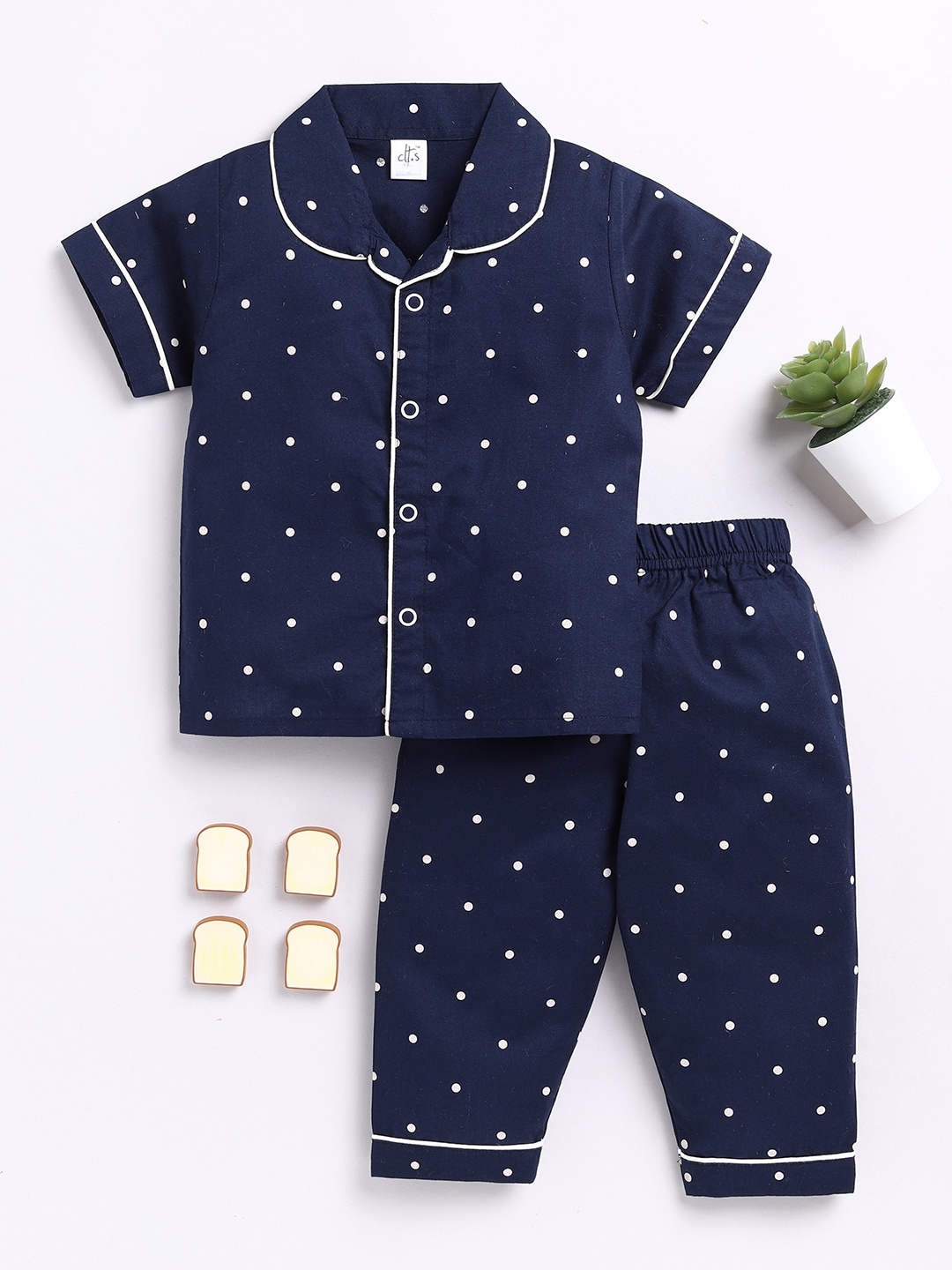 

Clt.s Infants Polka Dots Printed Pure Cotton Night Suit, Navy blue