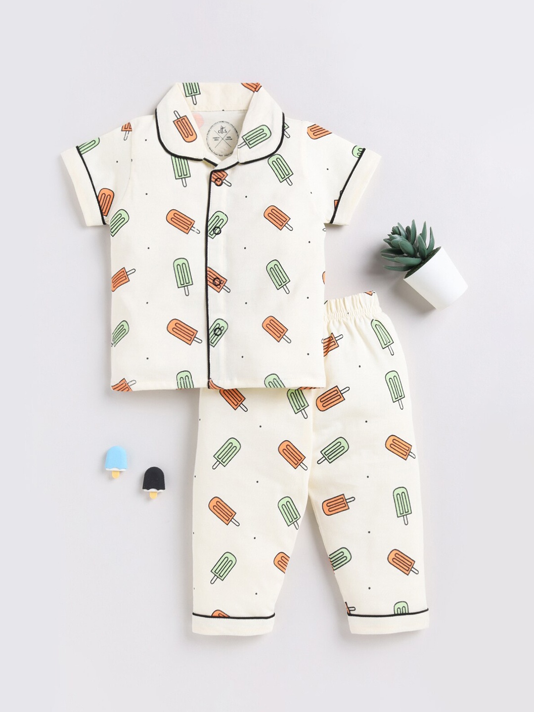 

Clt.s Kids Popsicle Printed Pure Cotton Night Suit, Cream