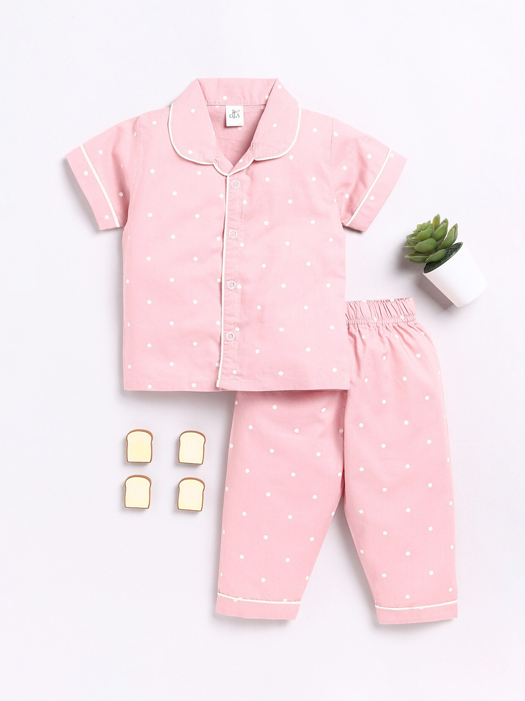

Clt.s Kids Polka Dots Printed Pure Cotton Night Suit, Pink