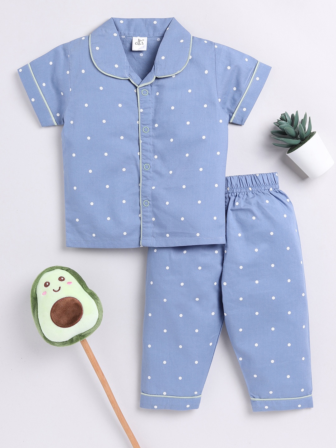 

Clt.s Kids Polka Dots Printed Pure Cotton Night Suit, Blue