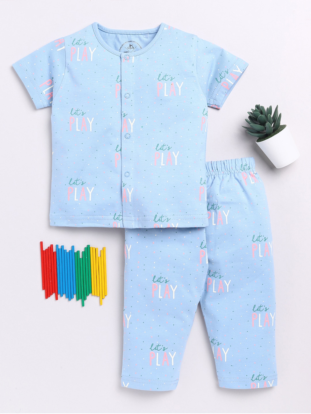 

Clt.s Infants Typography Printed Pure Cotton Night Suit, Blue