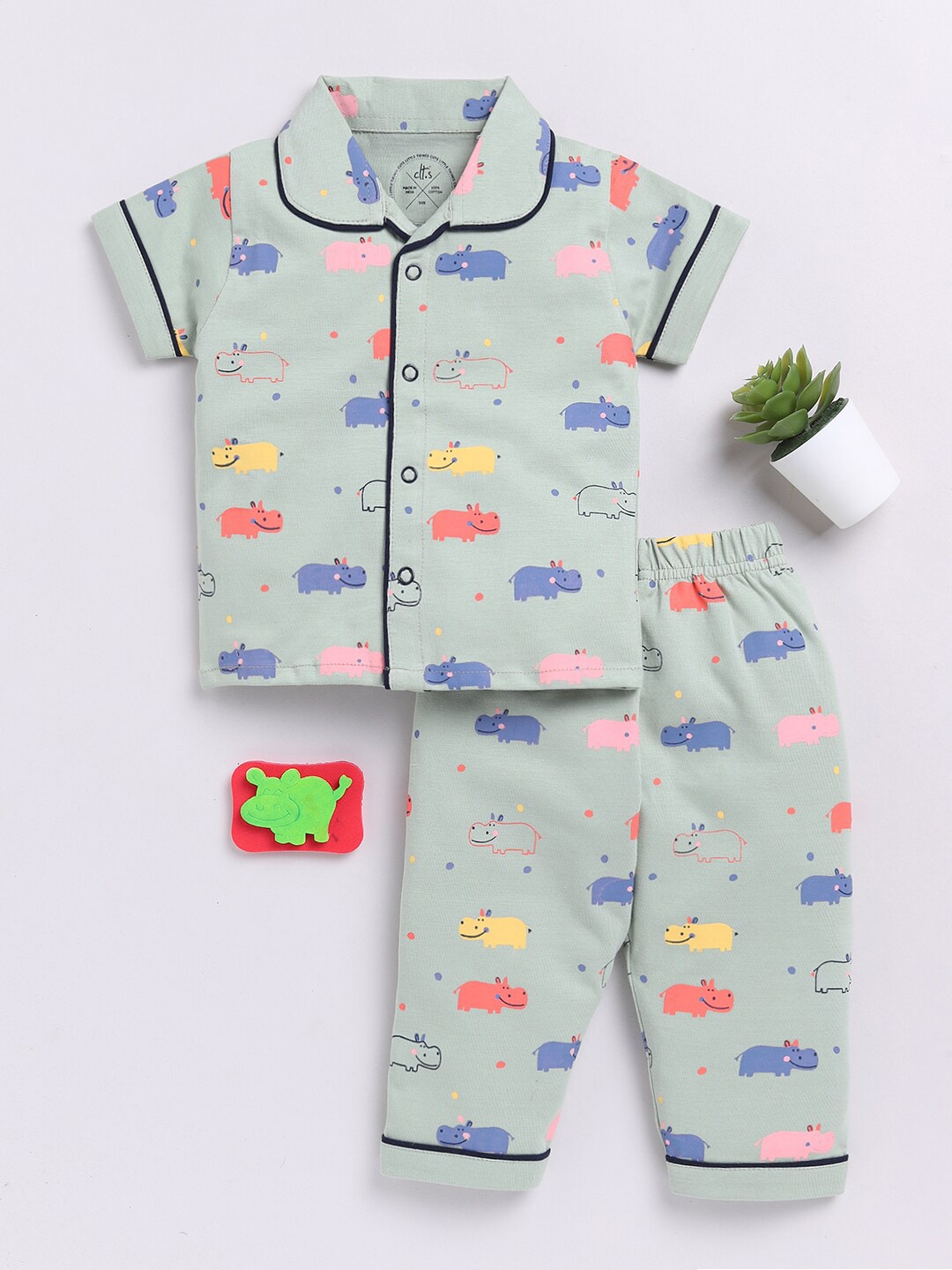 

Clt.s Infants Conversational Printed Pure Cotton Shirt With Pyjamas, Green