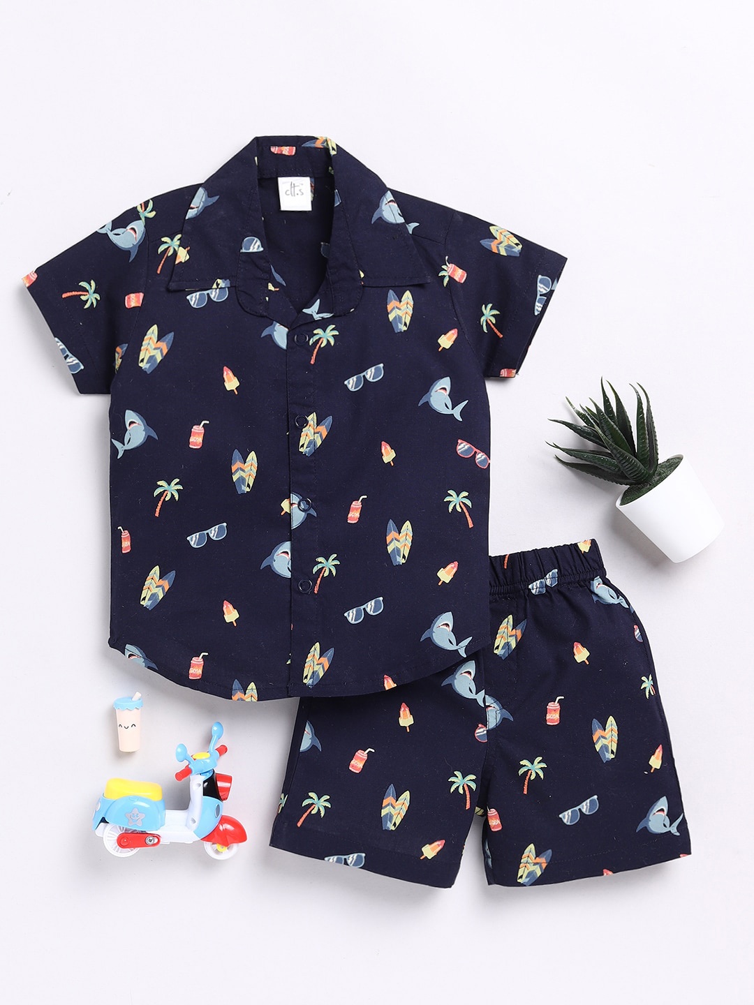 

Clt.s Infants Conversational Printed Pure Cotton Shirt With Pyjamas, Blue