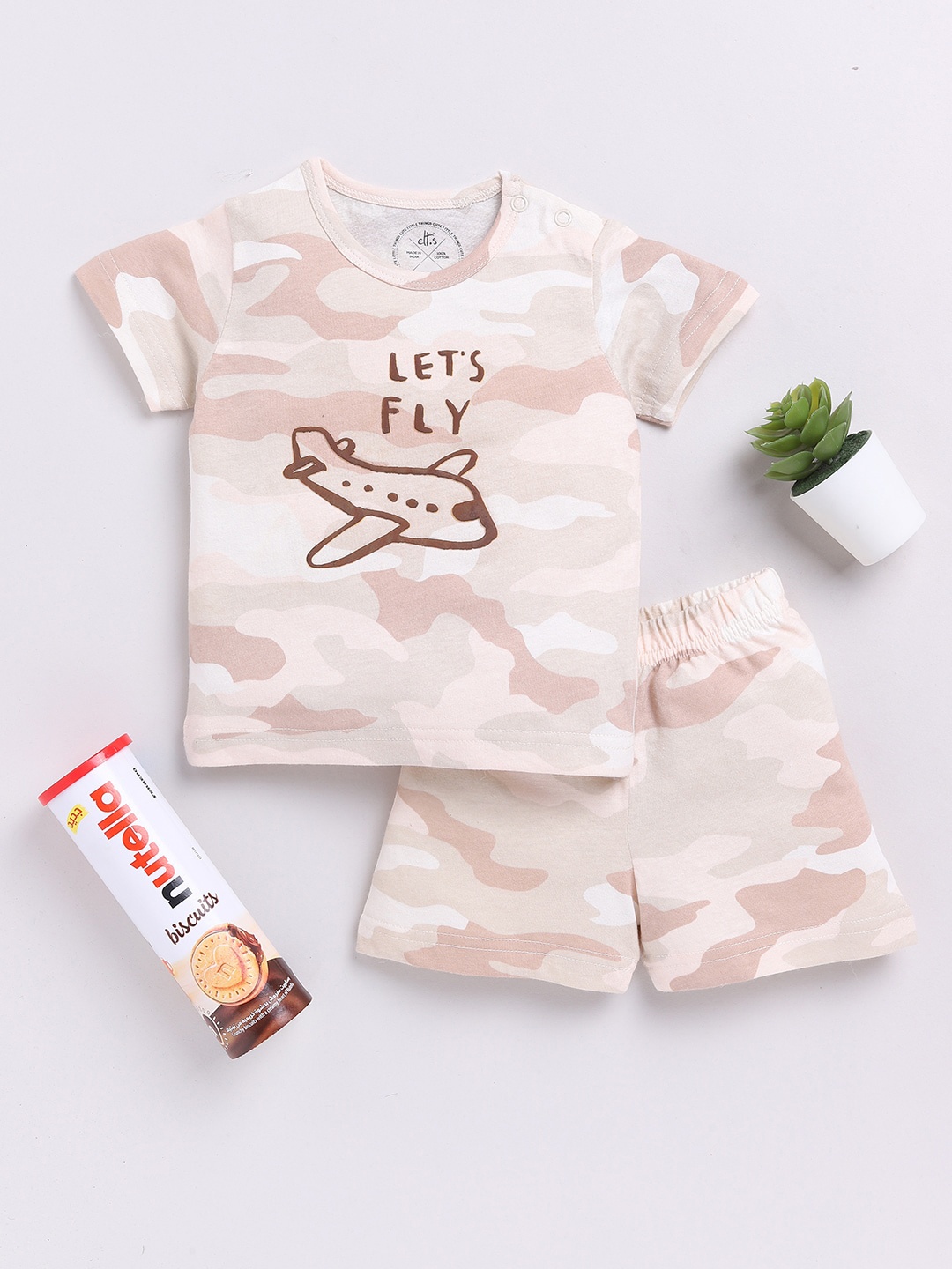 

Clt.s Kids Camouflage Printed Pure Cotton Night suit, Beige