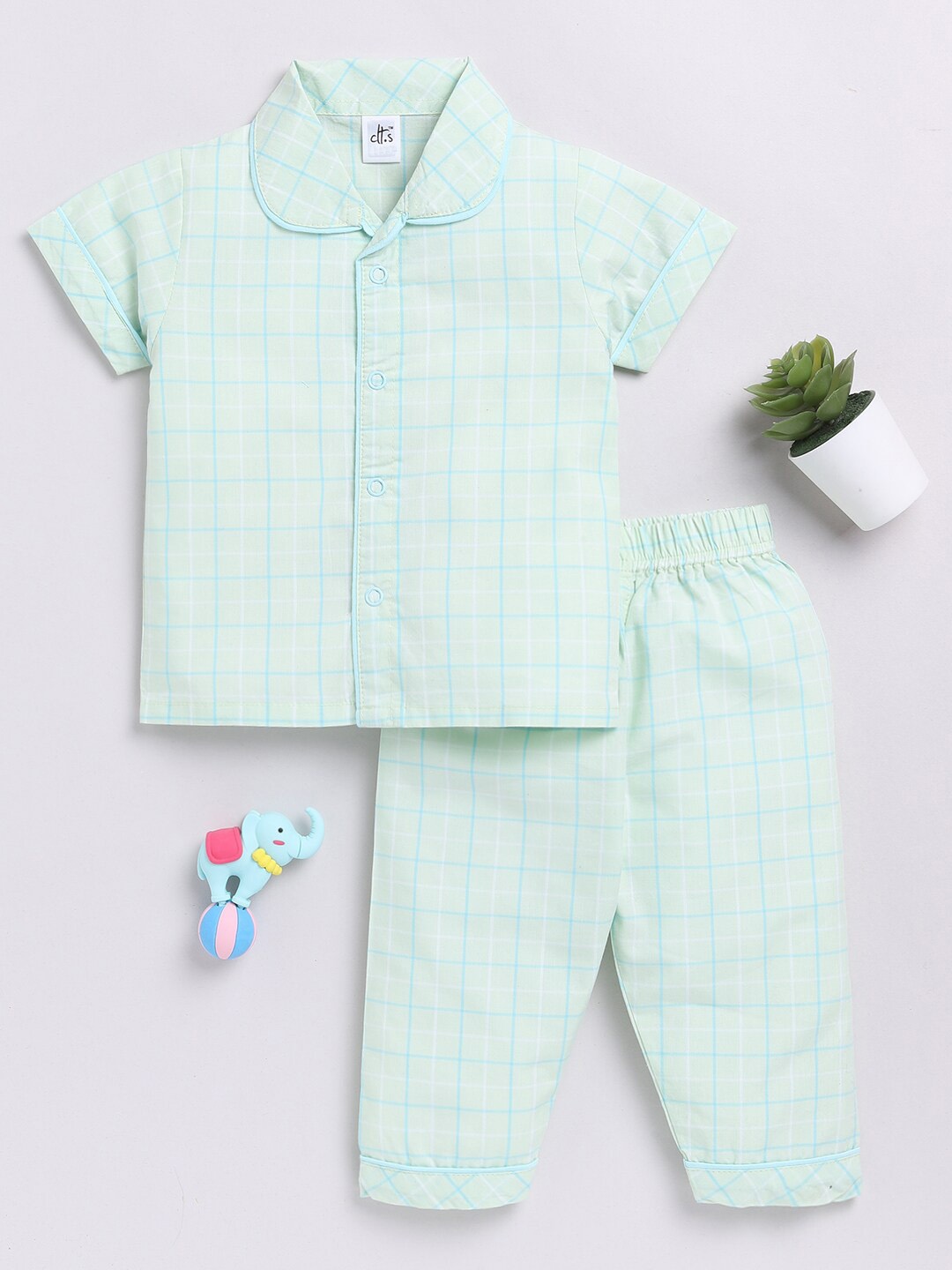 

Clt.s Kids Checked Pure Cotton Shirt With Pyjamas, Green