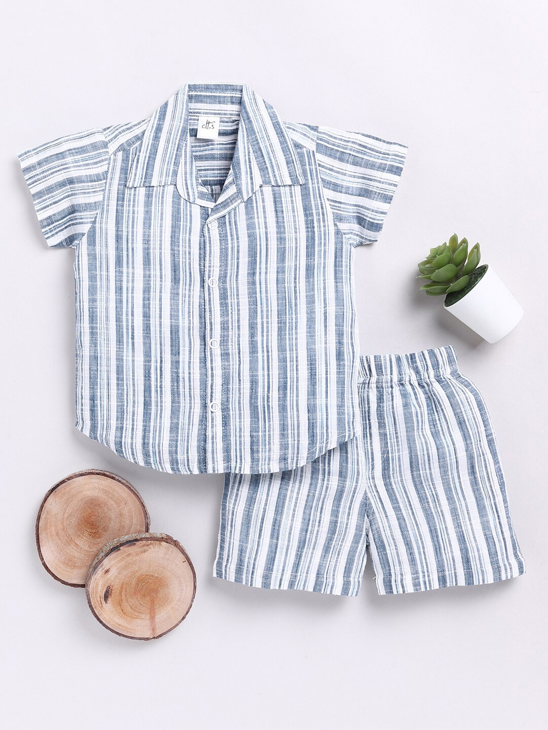 

Clt.s Kids Striped Pure Cotton Shirt With Shorts, Blue