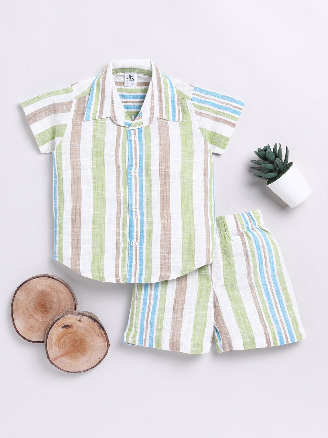 

Clt.s Kids Striped Pure Cotton Shirt With Shorts, Brown