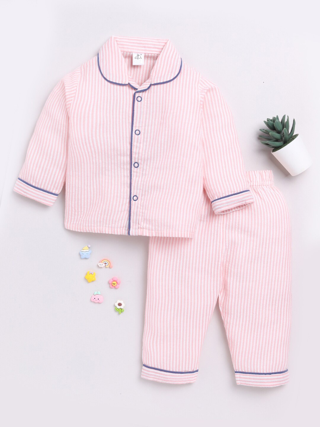 

Clt.s Kids Striped Pure Cotton Night suit, Pink