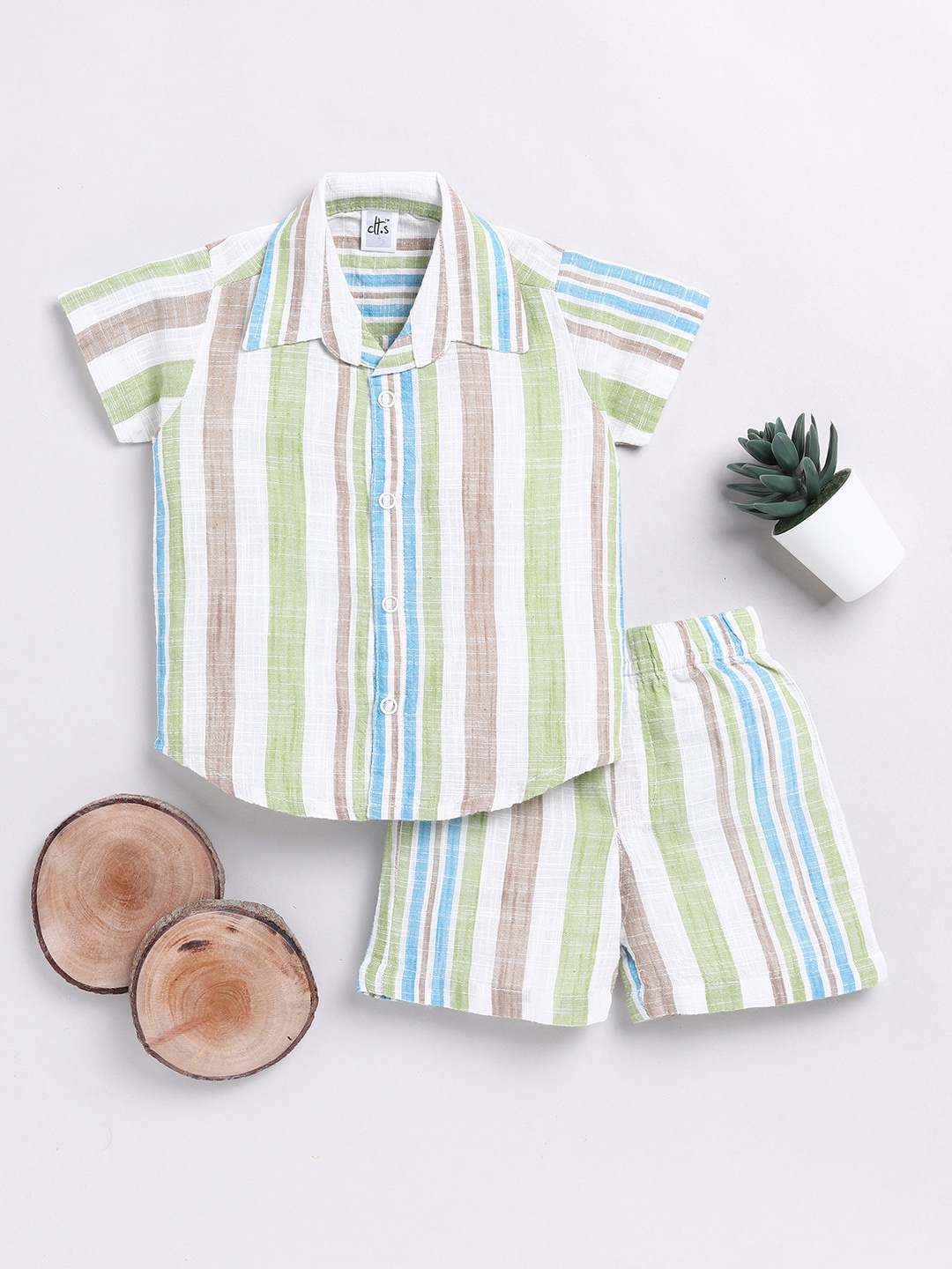 

Clt.s Unisex Kids Striped Shirt Collar Pure Cotton Night suit, White