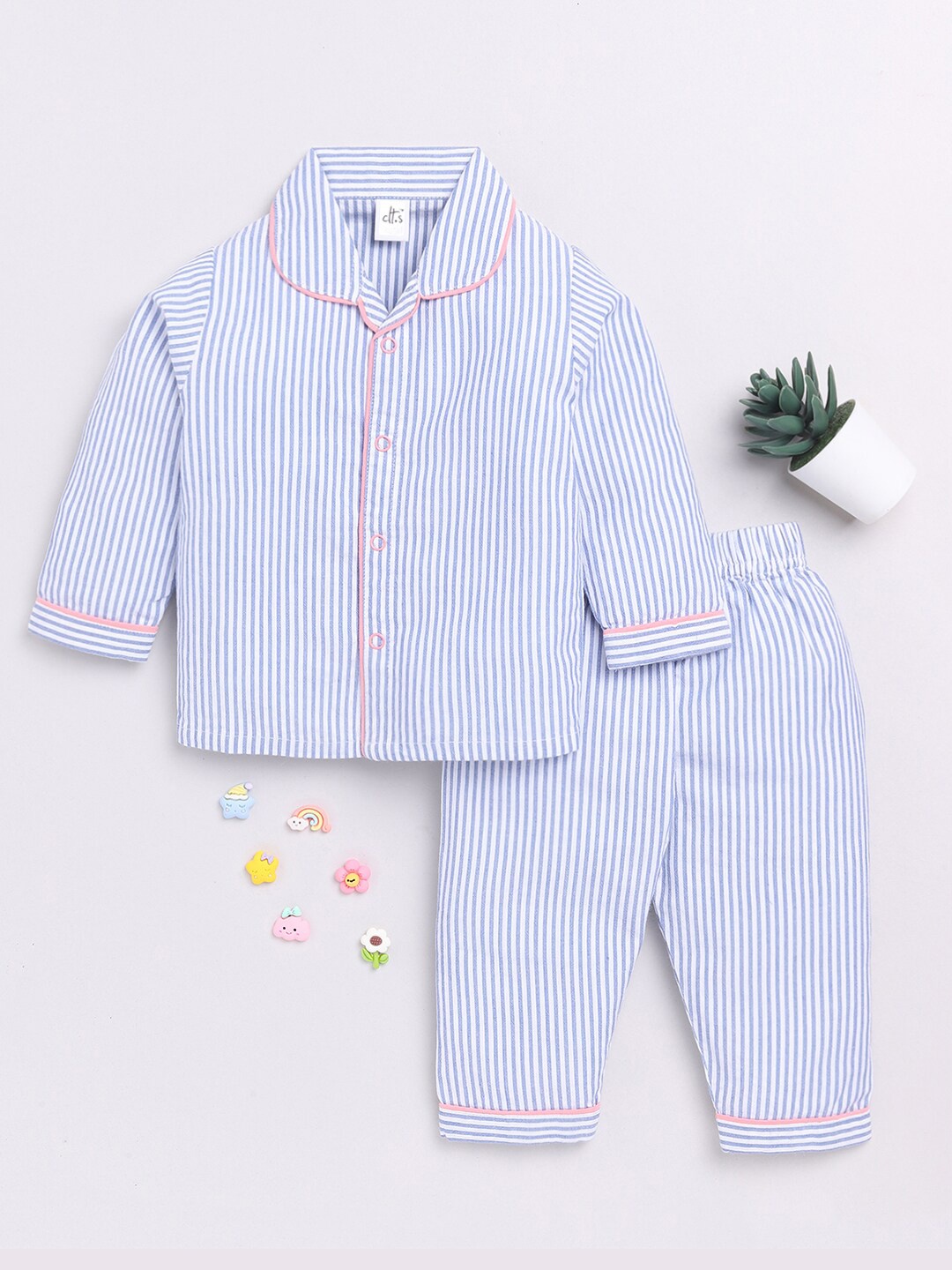 

Clt.s Infants Kids Striped Pure Cotton Night suit, Blue