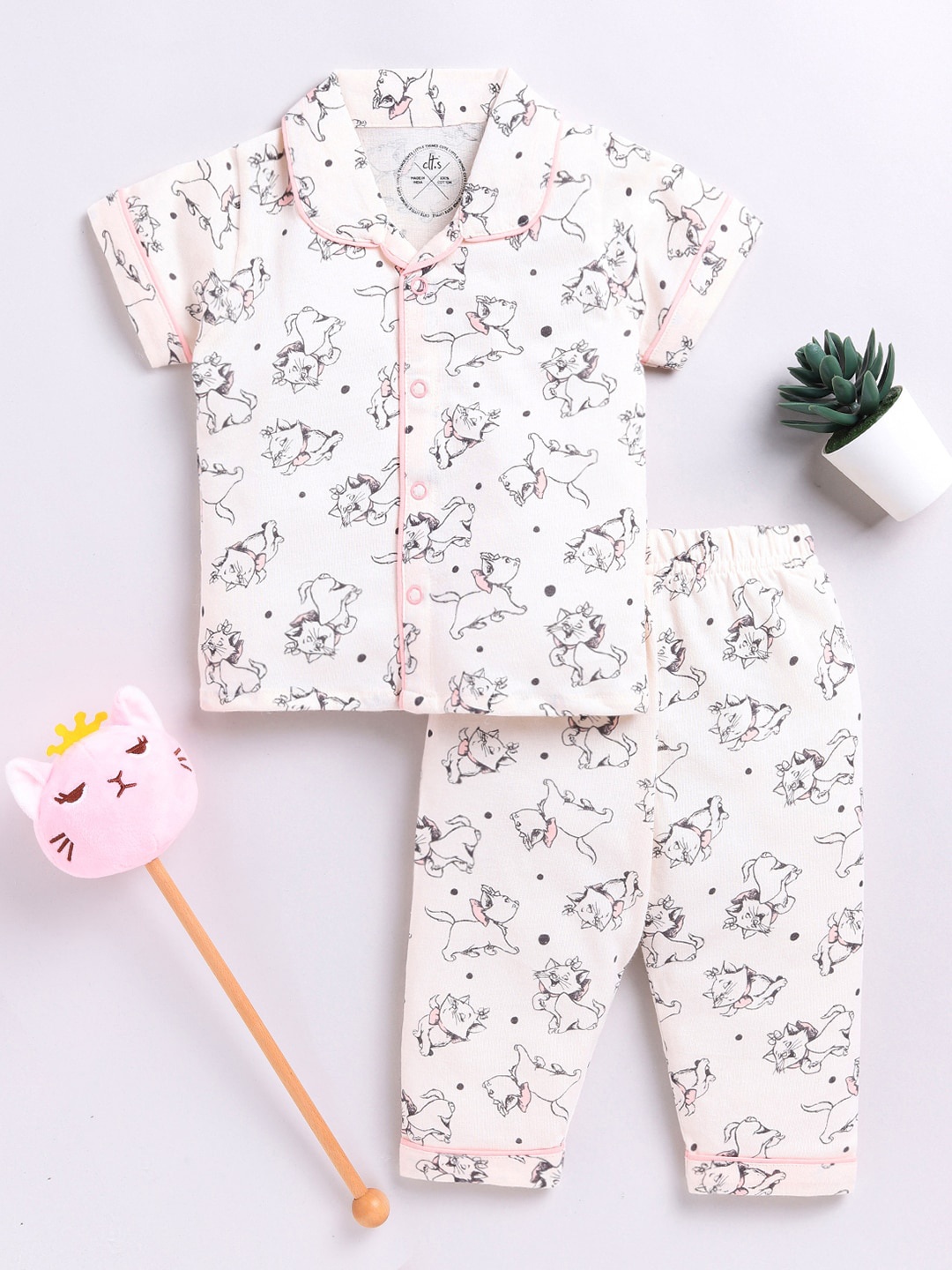 

Clt.s Kids Conversational Printed Pure Cotton Night suit, Cream