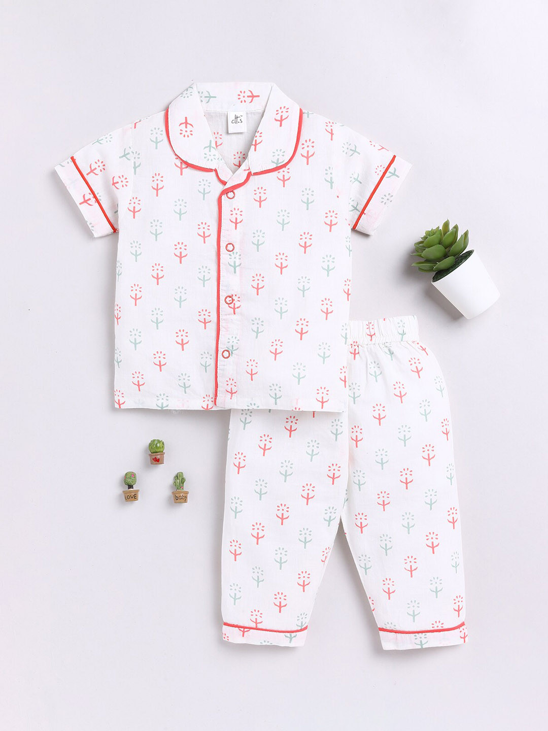

Clt.s Infants Floral Printed Pure Cotton Night suit, White