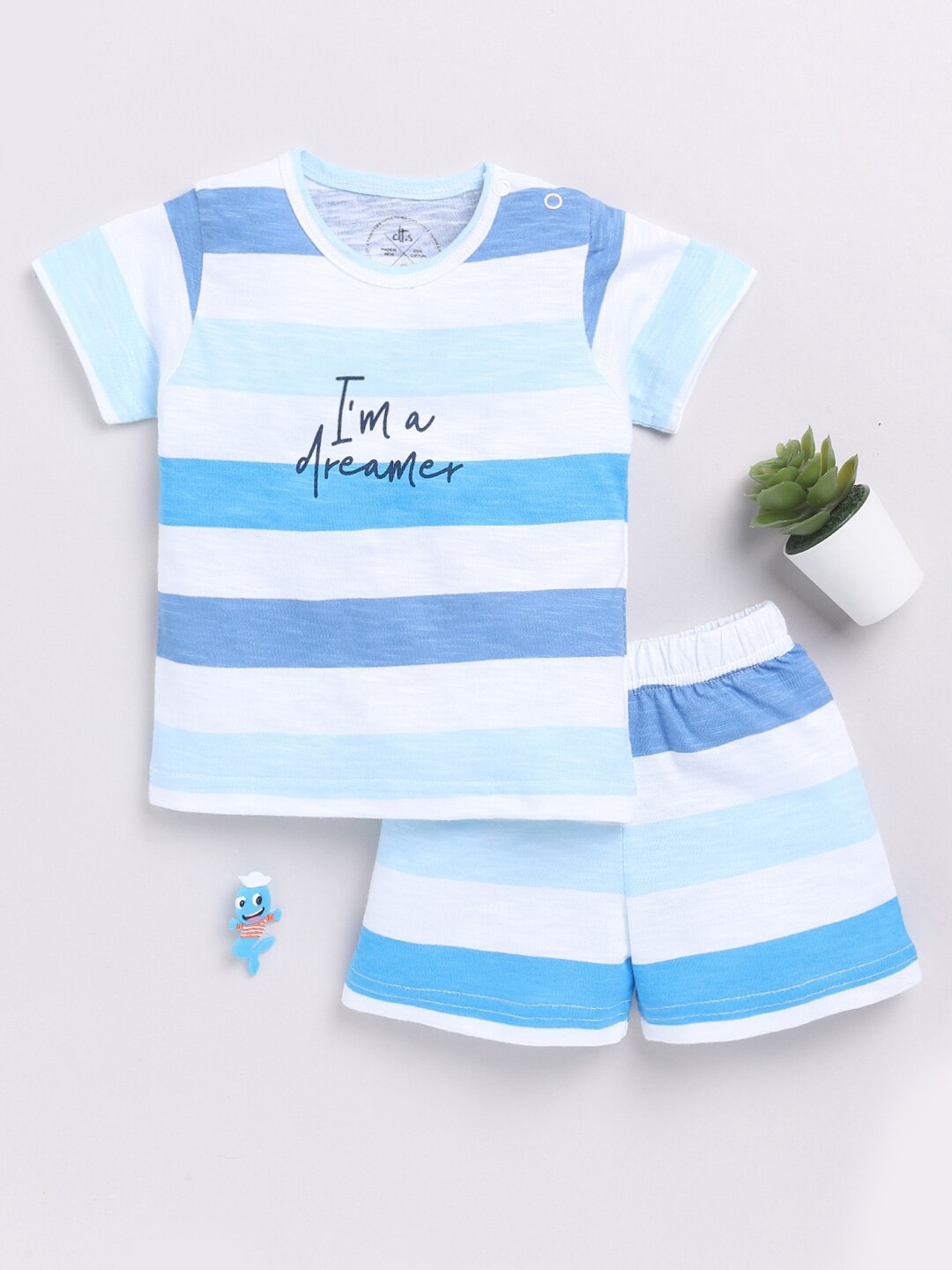 

Clt.s Kids Striped Printed Pure Cotton Night suit, Blue