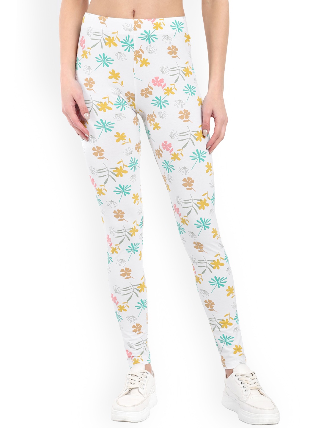 

ONE SKY Floral Printed Ankle Length Slip-On Leggings, White