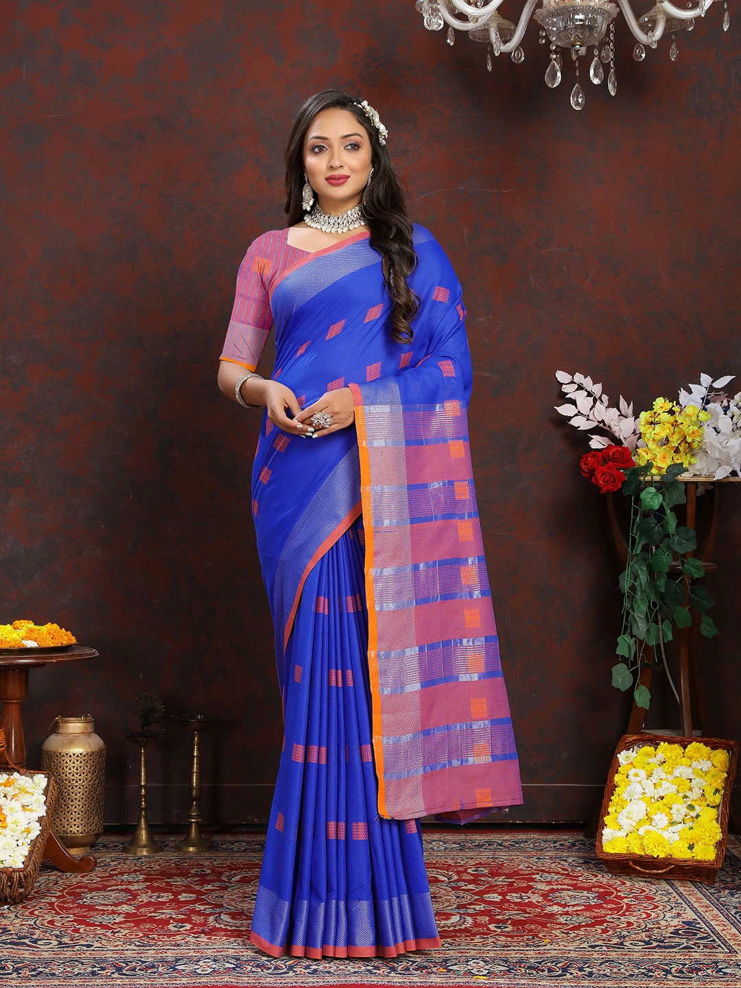 

ZILVIRA Ethnic Motifs Woven Design Pure Cotton Banarasi Saree, Blue