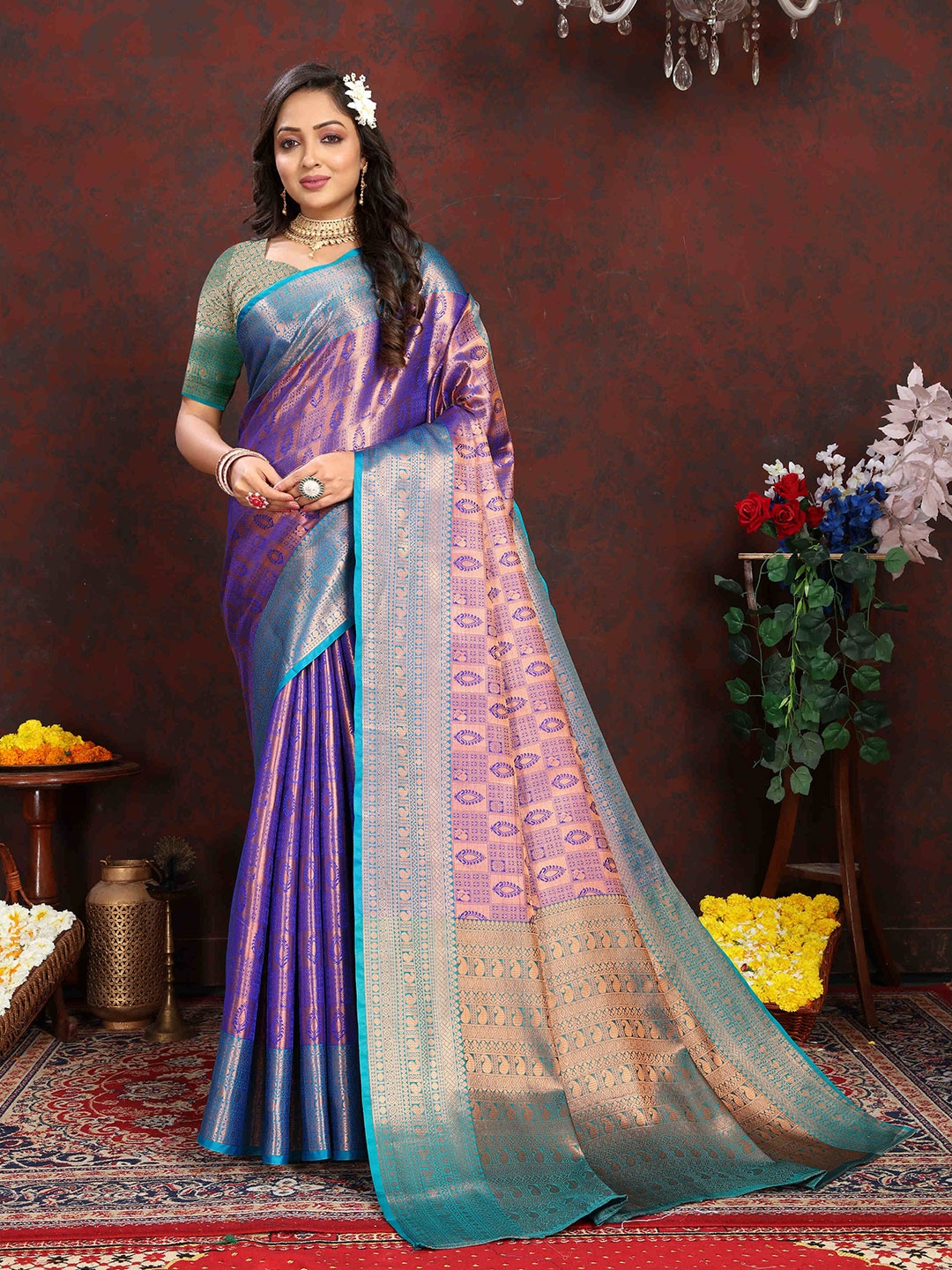 

ZILVIRA Ethnic Motifs Woven Design Zari Pure Silk Kanjeevaram Saree, Blue