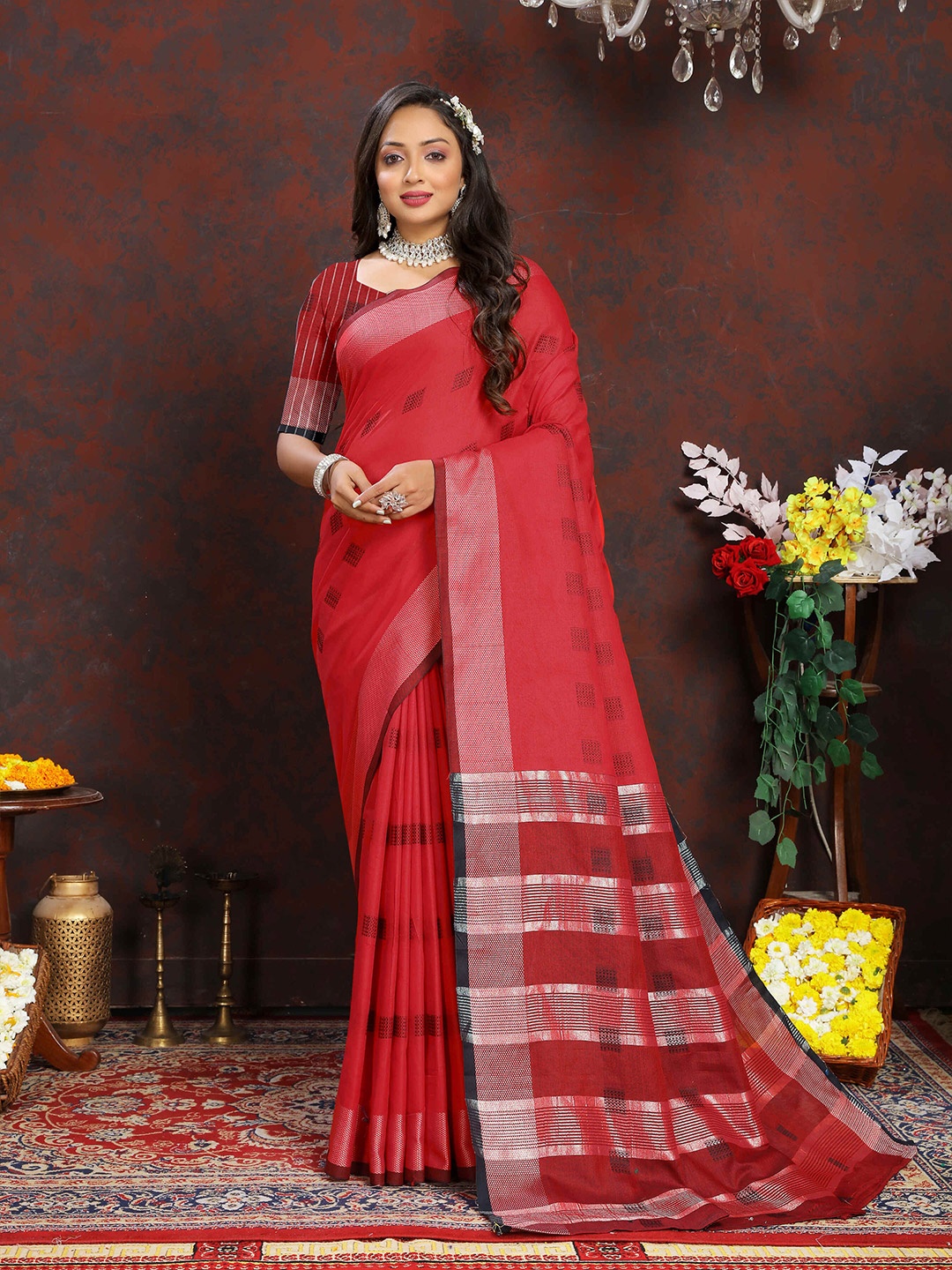 

ZILVIRA Ethnic Motifs Woven Design Zari Pure Cotton Banarasi Saree, Red