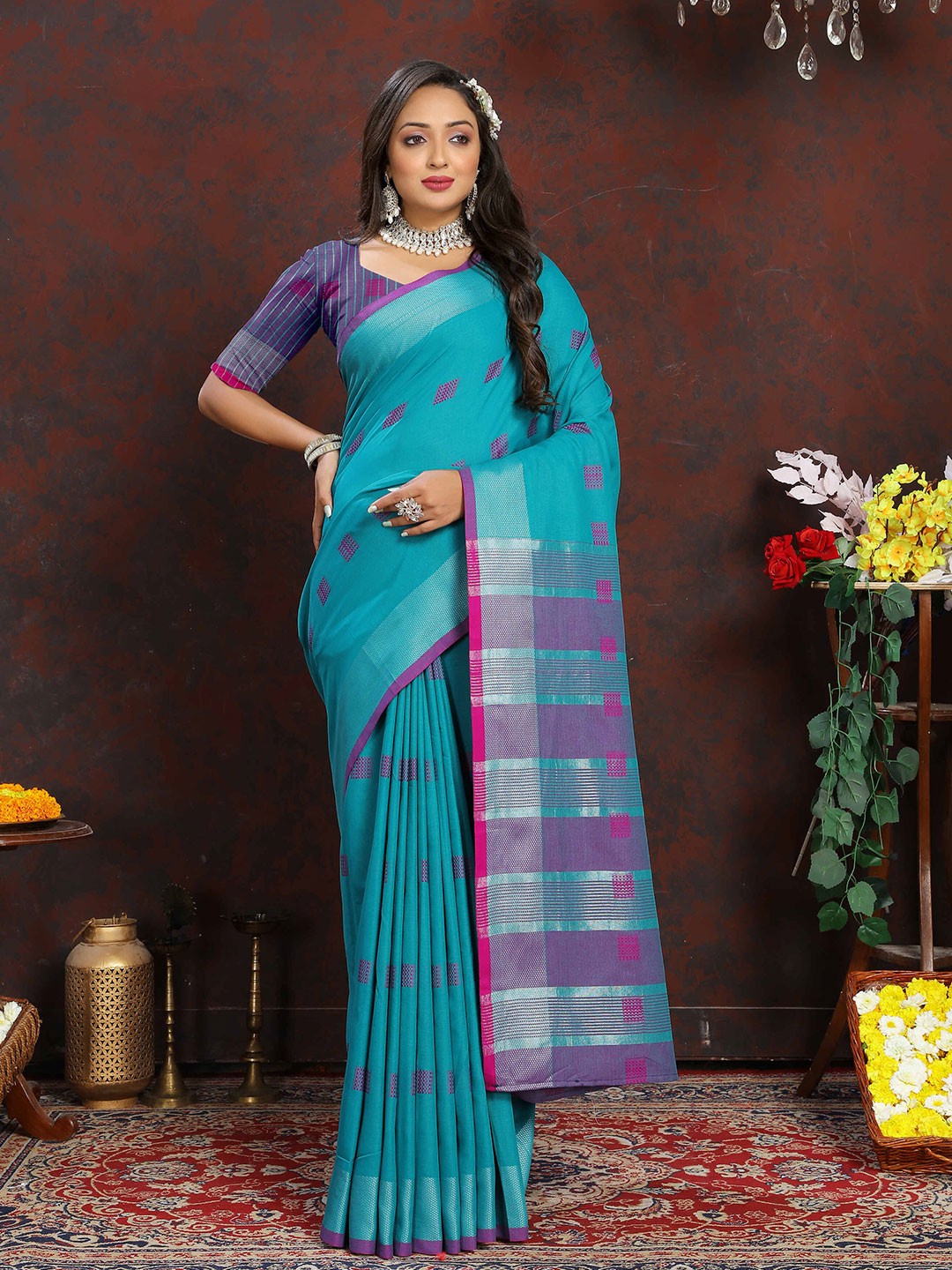 

ZILVIRA v Woven Design Zari Pure Cotton Banarasi Saree, Turquoise blue