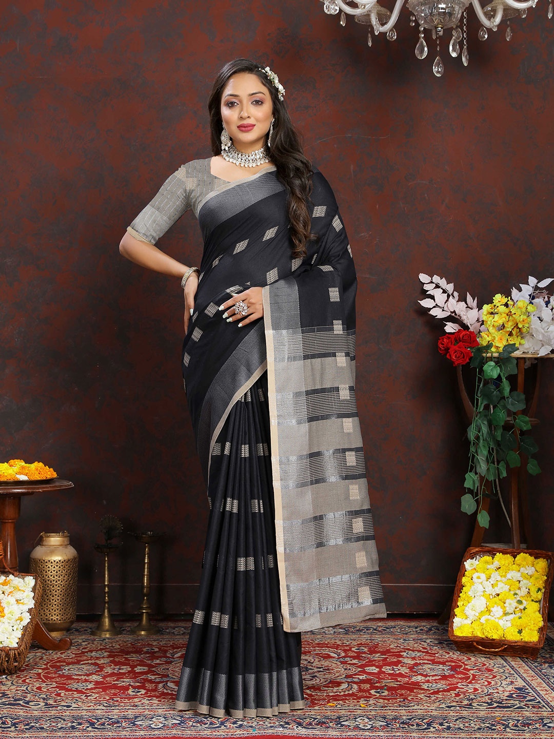 

ZILVIRA Ethnic Motifs Woven Design Zari Pure Cotton Banarasi Saree, Black