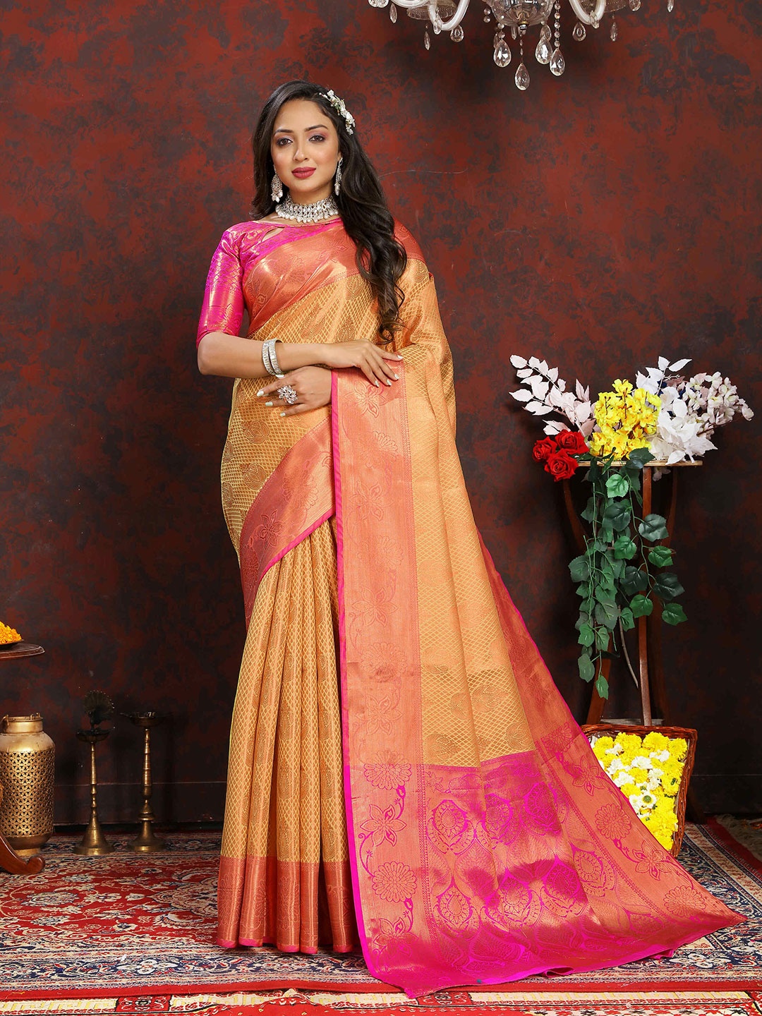 

ZILVIRA Ethnic Motifs Woven Design Zari Kanjeevaram Saree, Yellow