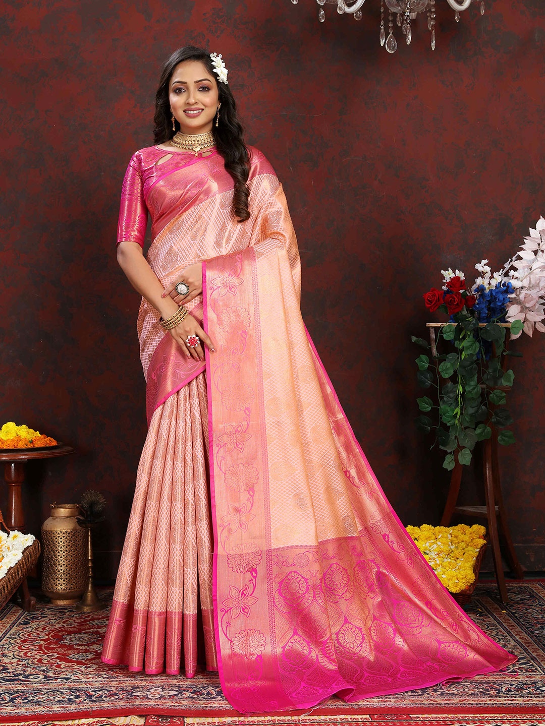 

ZILVIRA Ethnic Motifs Zari Kanjeevaram Saree, Rose gold