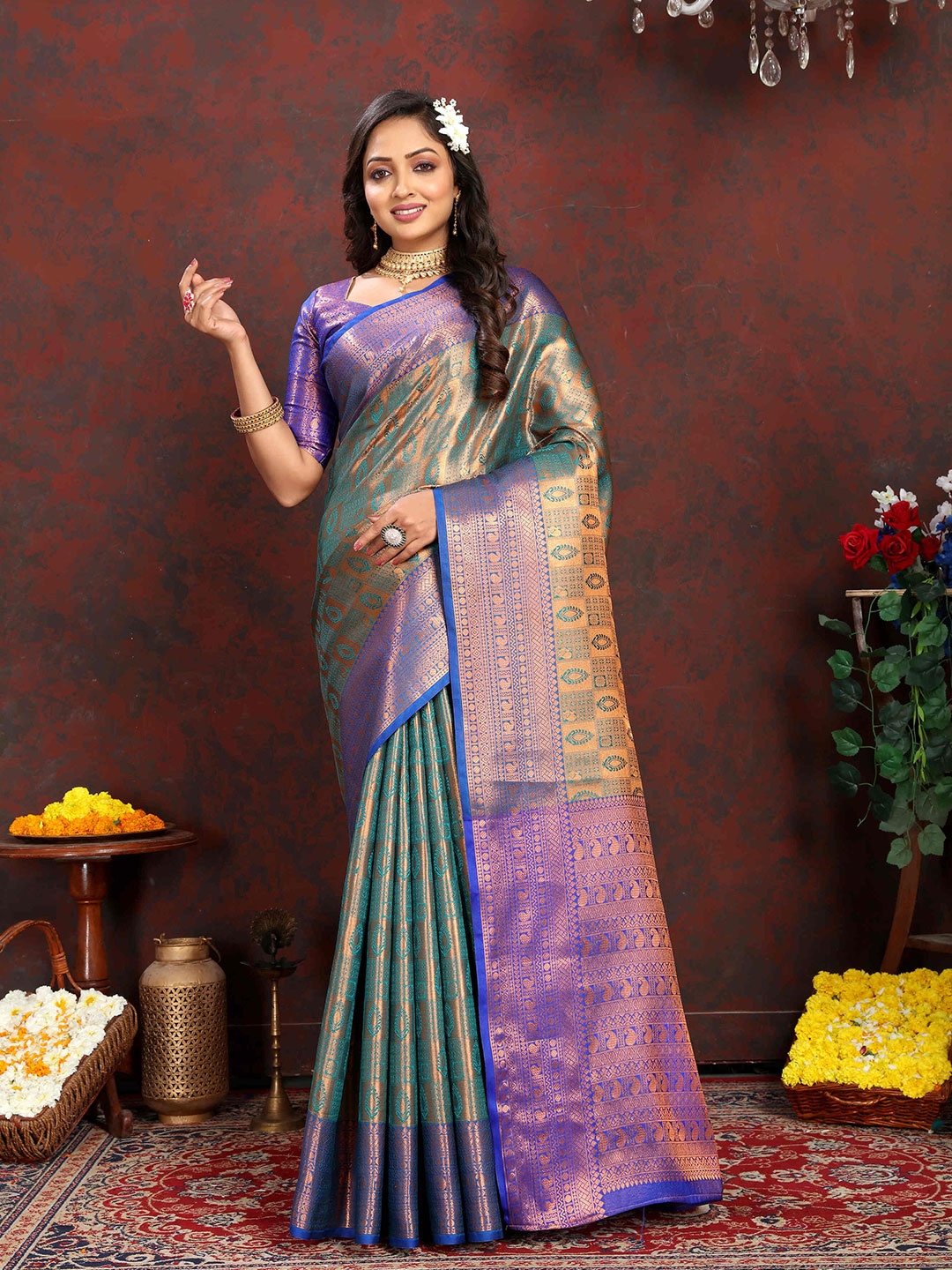 

ZILVIRA Ethnic Motifs Woven Design Zari Pure Silk Kanjeevaram Saree, Turquoise blue