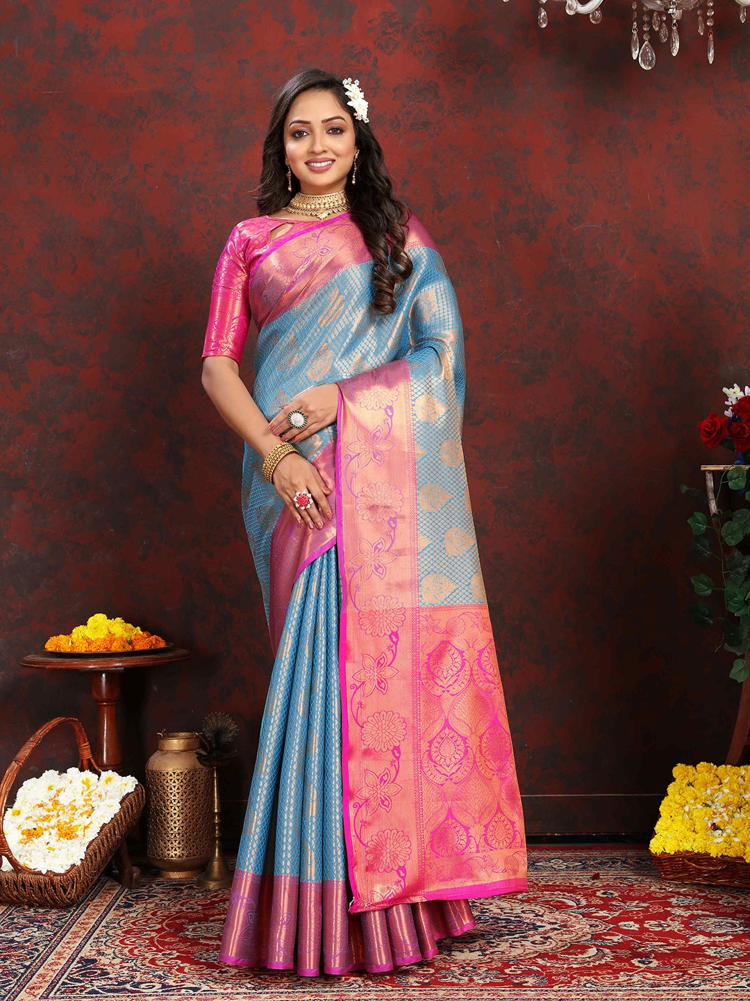 

ZILVIRA Ethnic Motifs Woven Design Zari Kanjeevaram Saree, Turquoise blue
