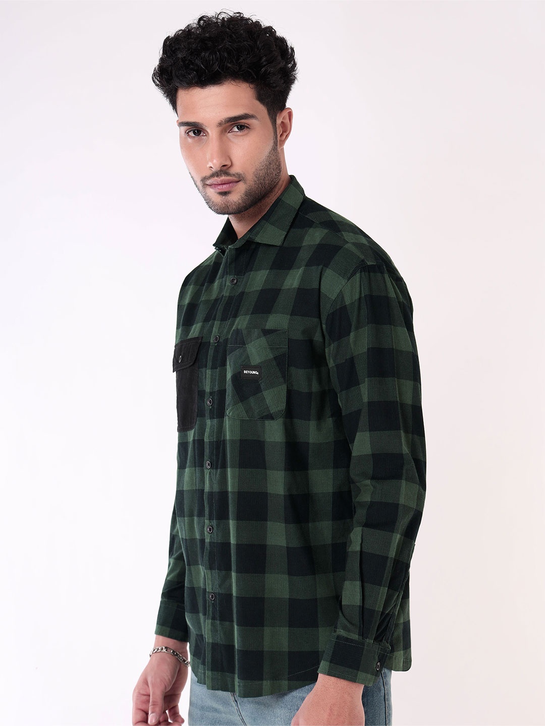 

Beyoung Corduroy Checked Shirt, Green