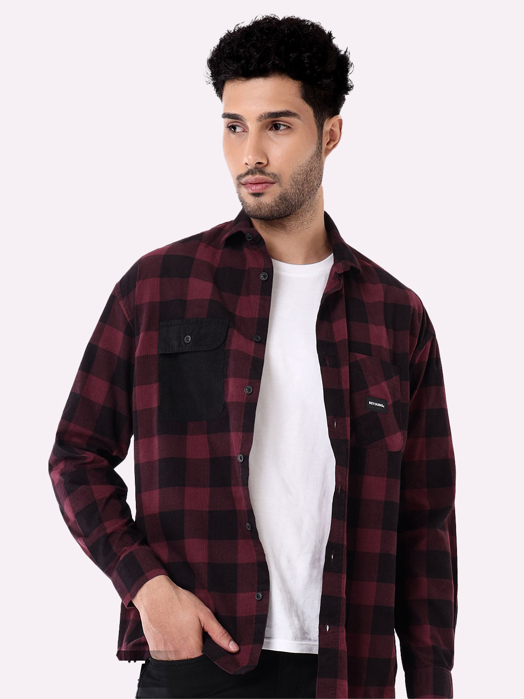 

Beyoung Checked Spread Collar Long Sleeves Corduroy Casual Shirt, Red