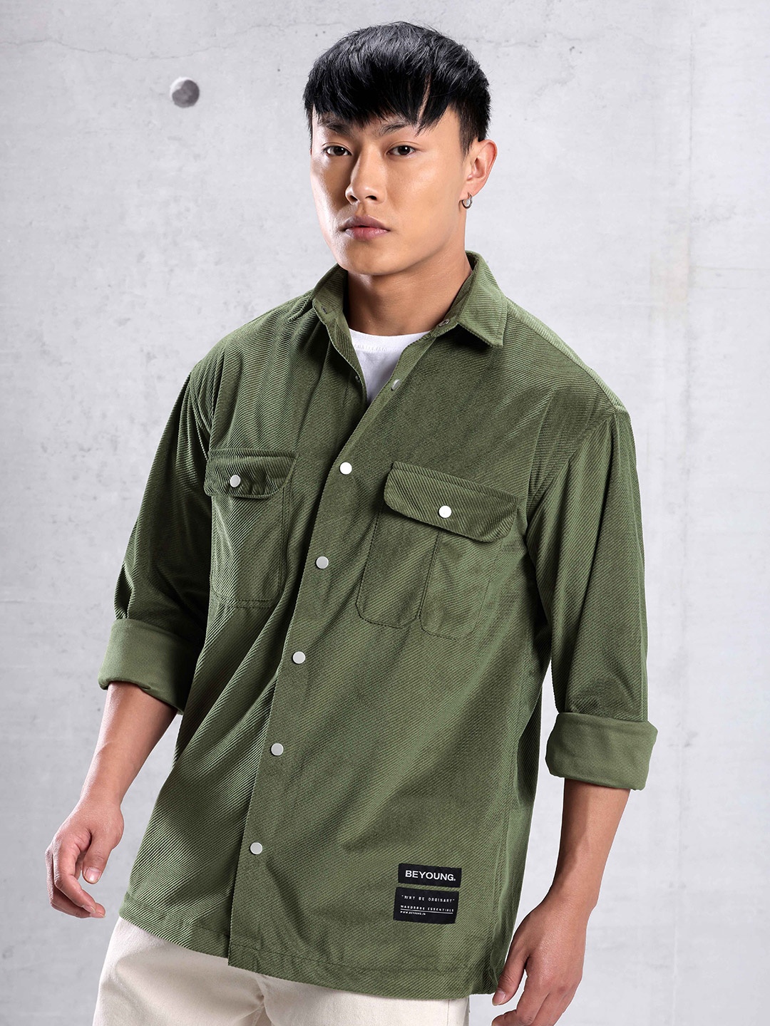 

Beyoung Spread Collar Long Sleeves Corduroy Casual Shirt, Green