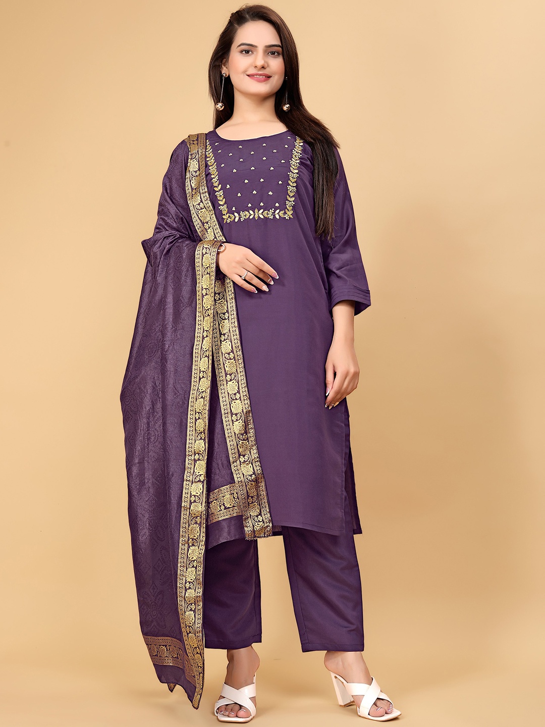 

Kinjo Yoke Design Regular Beads and Stones Chanderi Silk Kurta with Trouser & Dupatta, Purple