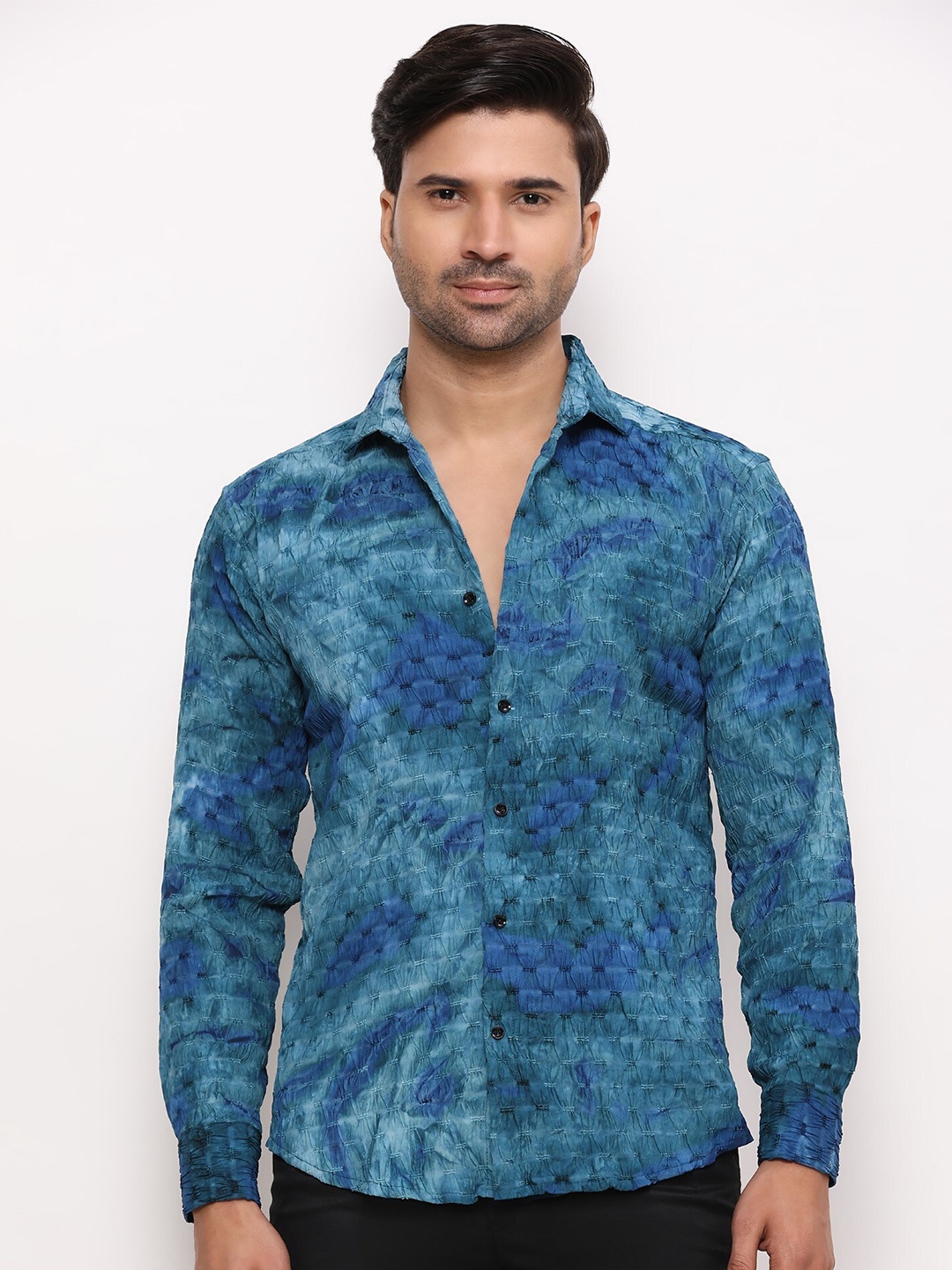 

ZARIMO Standard Printed Spread Collar Short Sleeves Regular Fit Shirt, Teal