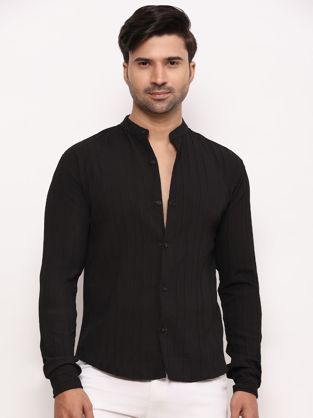 

ZARIMO Standard Striped Mandarin Collar Long Sleeves Regular Fit Shirt, Black