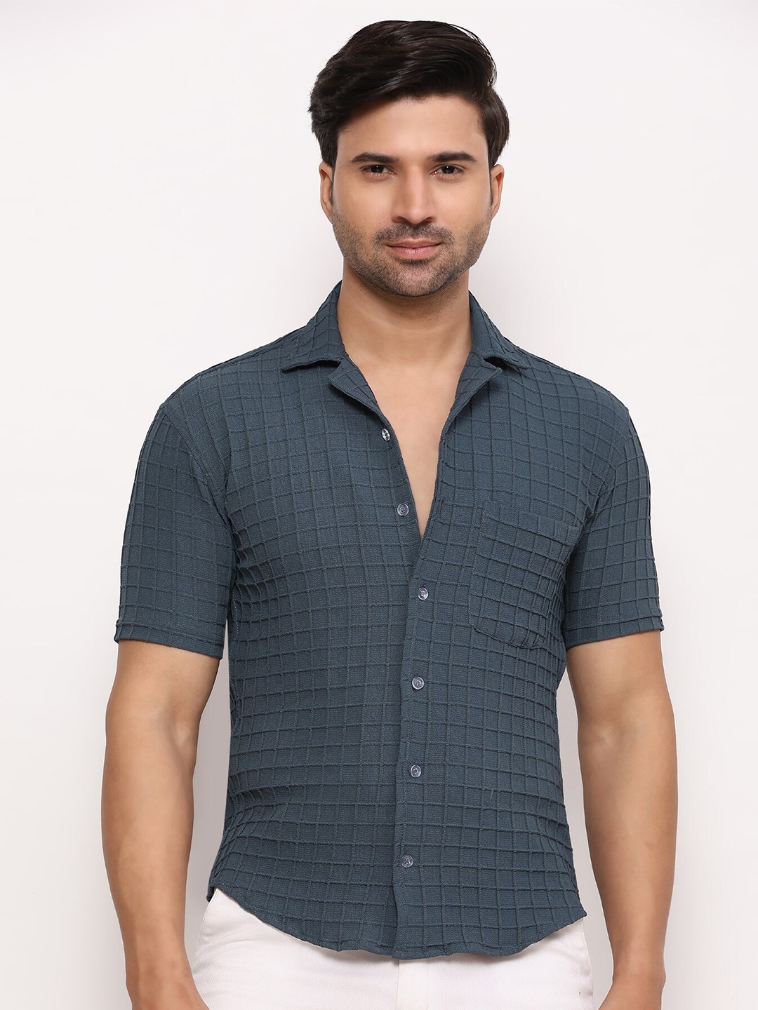 

ZARIMO Standard Checked Lapel Collar Short Sleeves Regular Fit Shirt, Teal