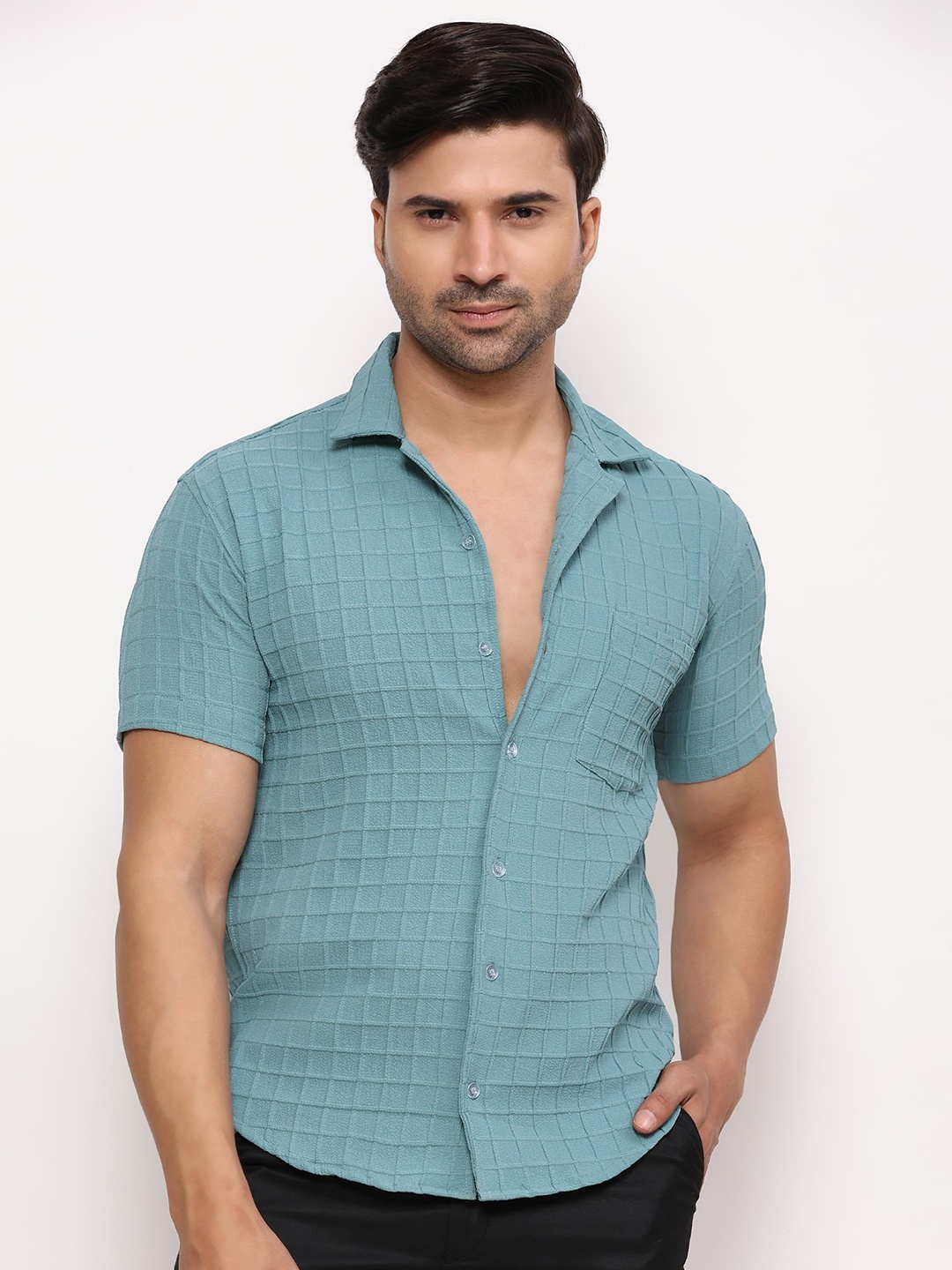 

ZARIMO Standard Checked Lapel Collar Short Sleeves Regular Fit Shirt, Sea green