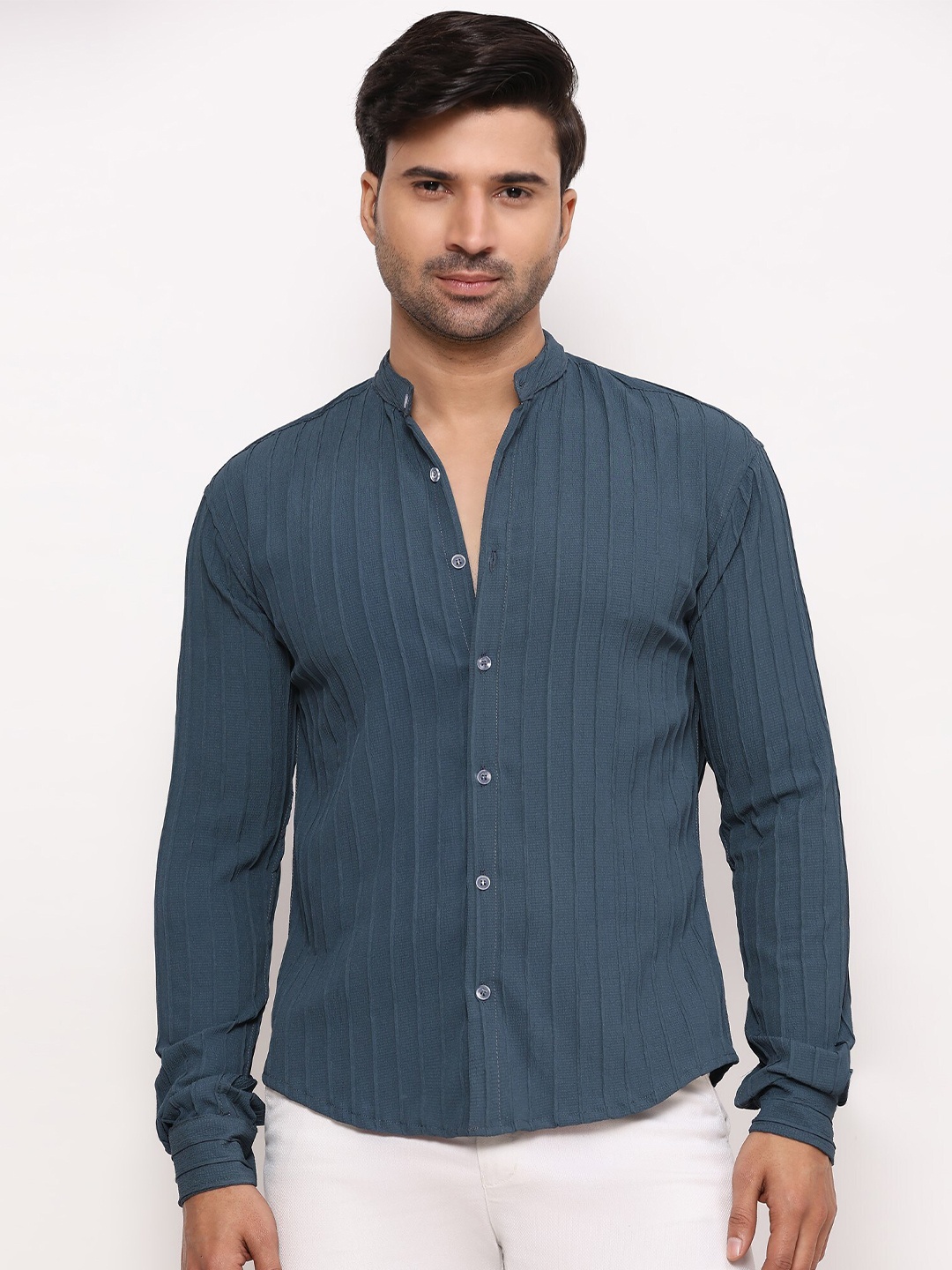 

ZARIMO Standard Striped Mandarin Collar Long Sleeves Regular Fit Shirt, Teal