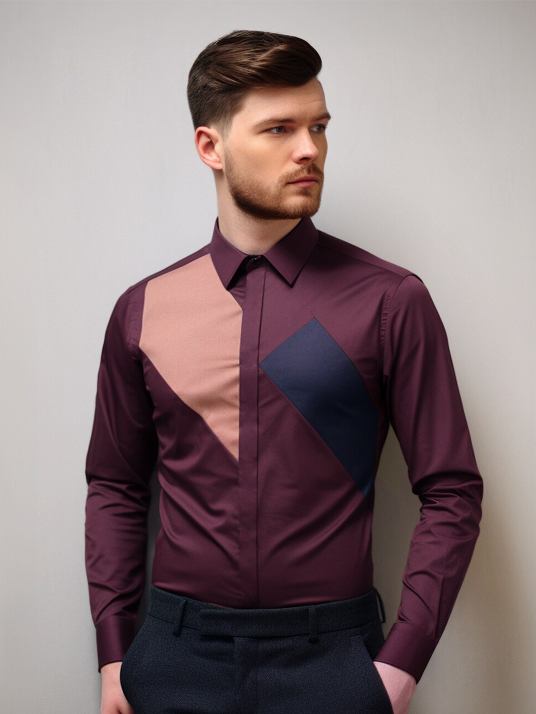 

HE SPOKE Smart Tailored Fit Colourblocked Cotton Shirt, Burgundy