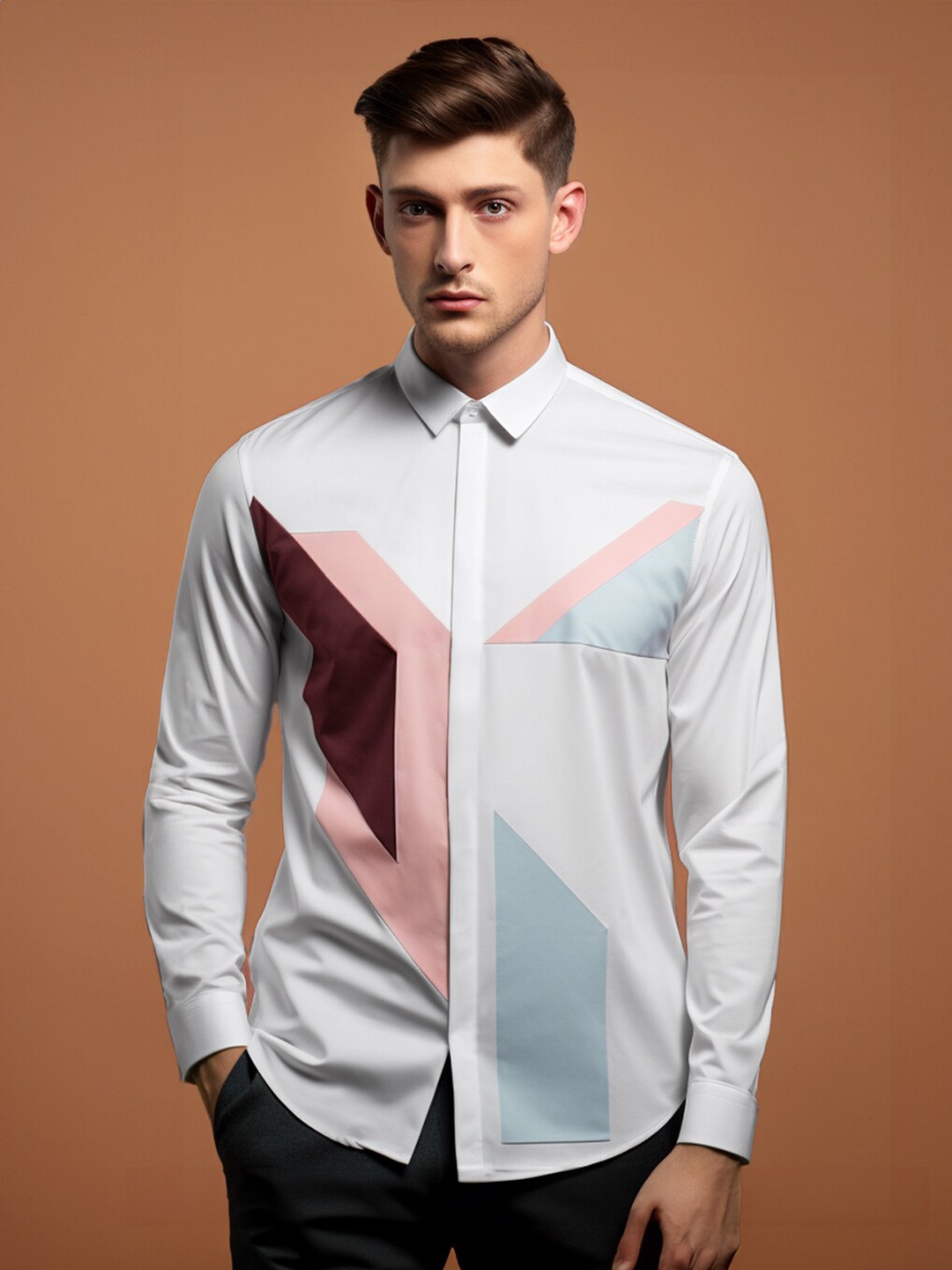 

HE SPOKE Smart Tailored Fit Colourblocked Cotton Shirt, White