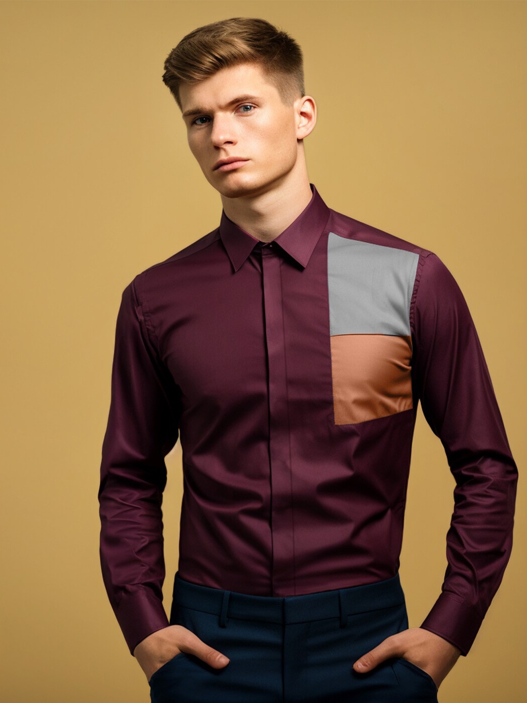 

HE SPOKE Smart Tailored Fit Colourblocked Twill Weave Cotton Casual Shirt, Burgundy