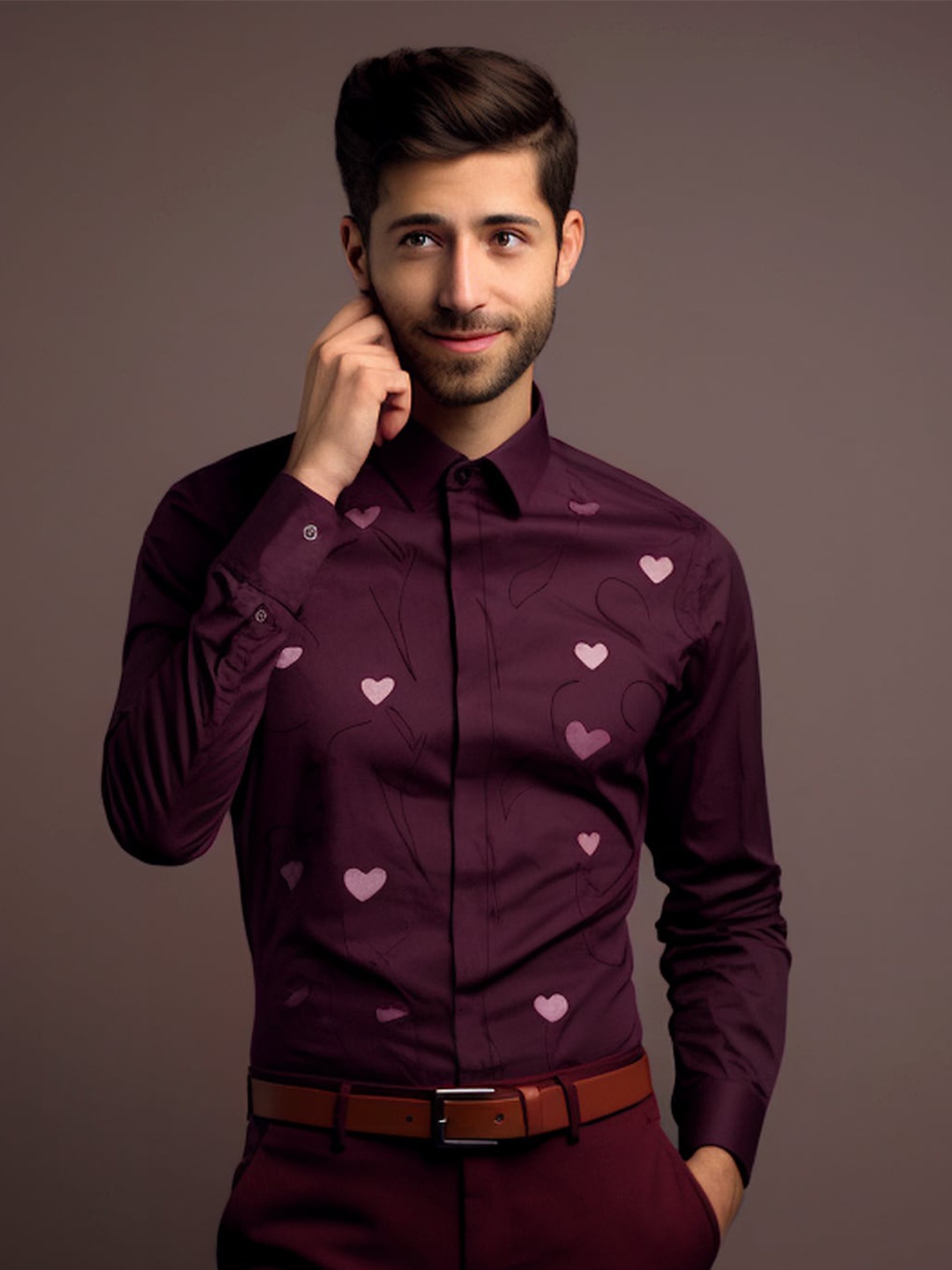 

HE SPOKE Smart Tailored Fit Conversational Printed Cotton Shirt, Burgundy